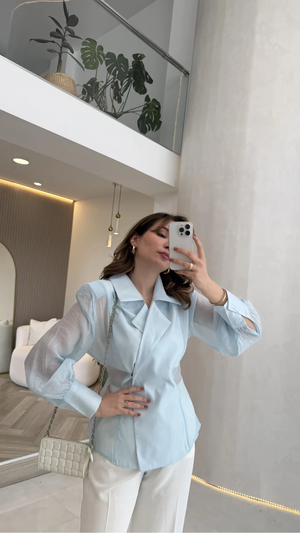 Maisie Vatkalı Transparan Bağlamalı Gömlek - Açık Mavi - Kod: 5029