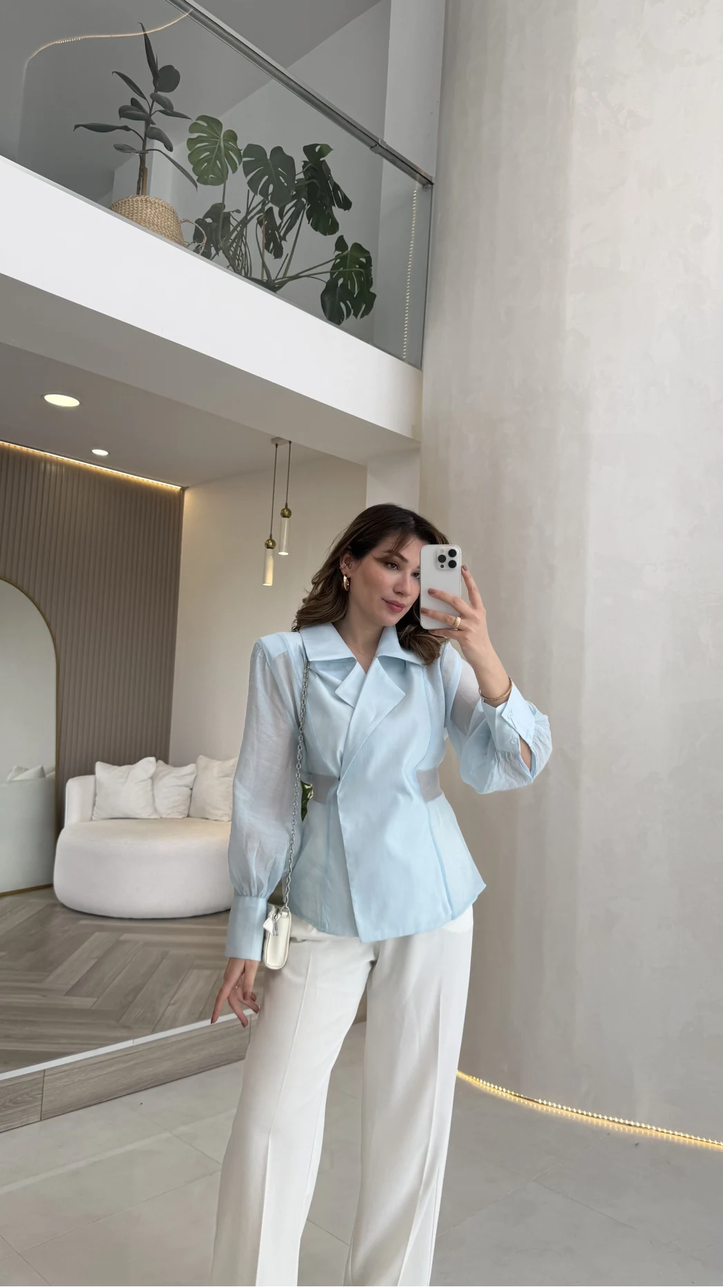 Maisie Vatkalı Transparan Bağlamalı Gömlek - Açık Mavi - Kod: 5029