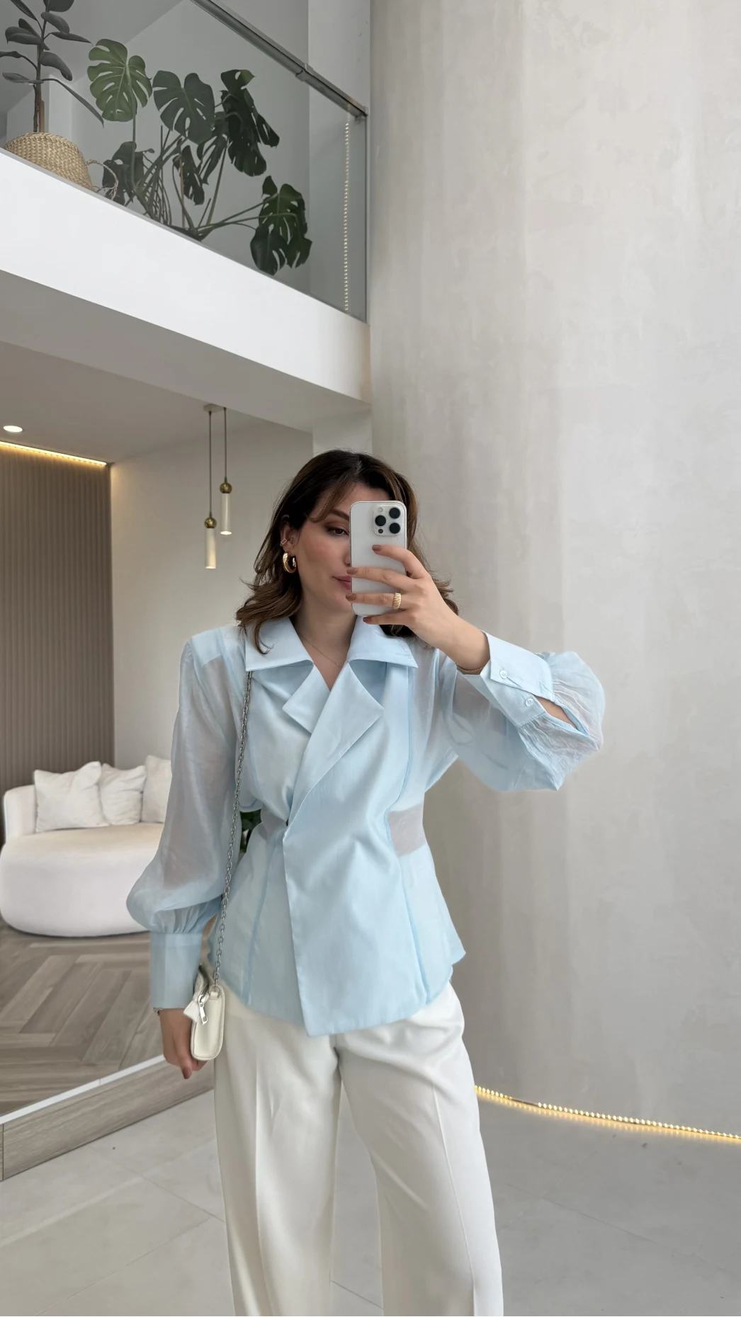 Maisie Vatkalı Transparan Bağlamalı Gömlek - Açık Mavi - Kod: 5029