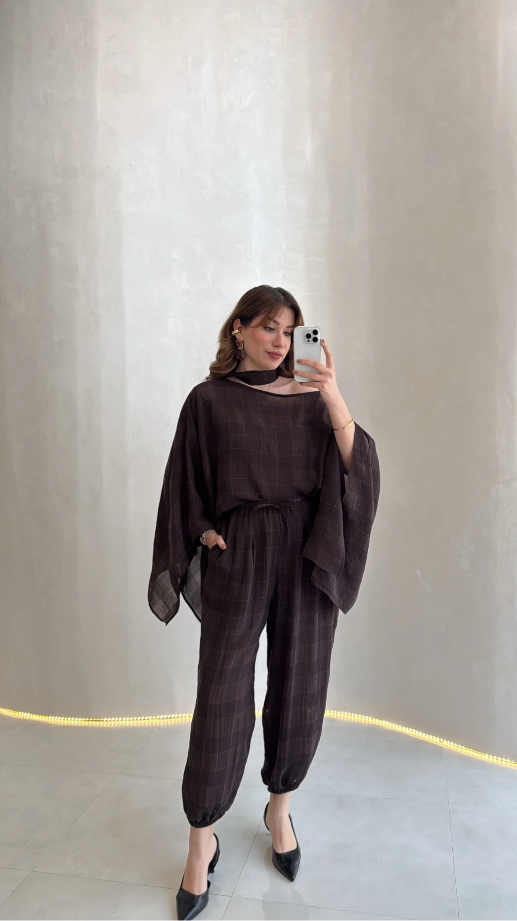 Pançolu Ekose Desenli Fular Detay Takım - Kahve - Kod: 51344