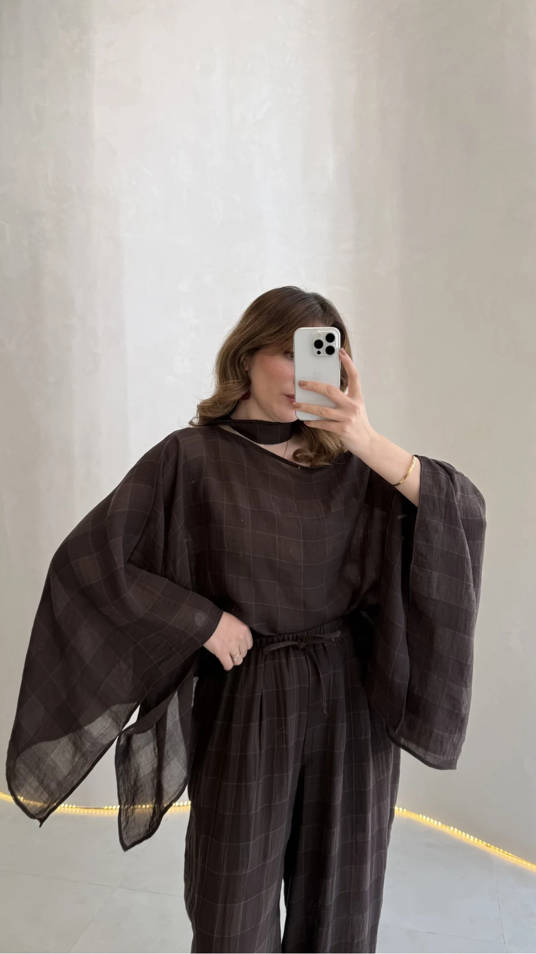 Pançolu Ekose Desenli Fular Detay Takım - Kahve - Kod: 51344