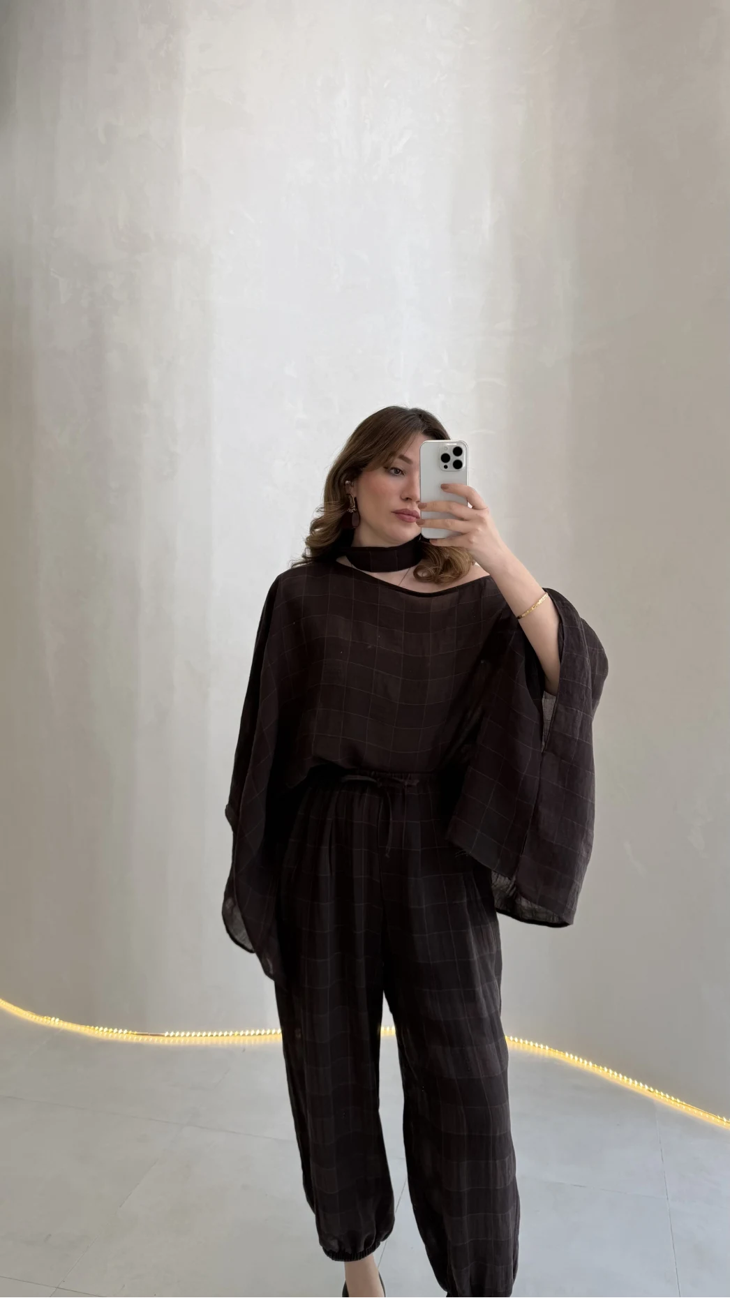 Pançolu Ekose Desenli Fular Detay Takım - Kahve - Kod: 51344