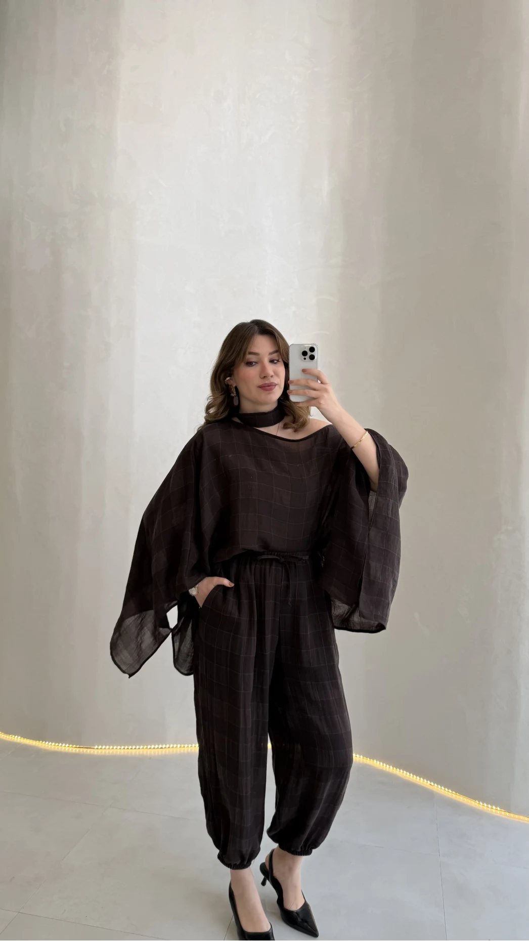 Pançolu Ekose Desenli Fular Detay Takım - Kahve - Kod: 51344