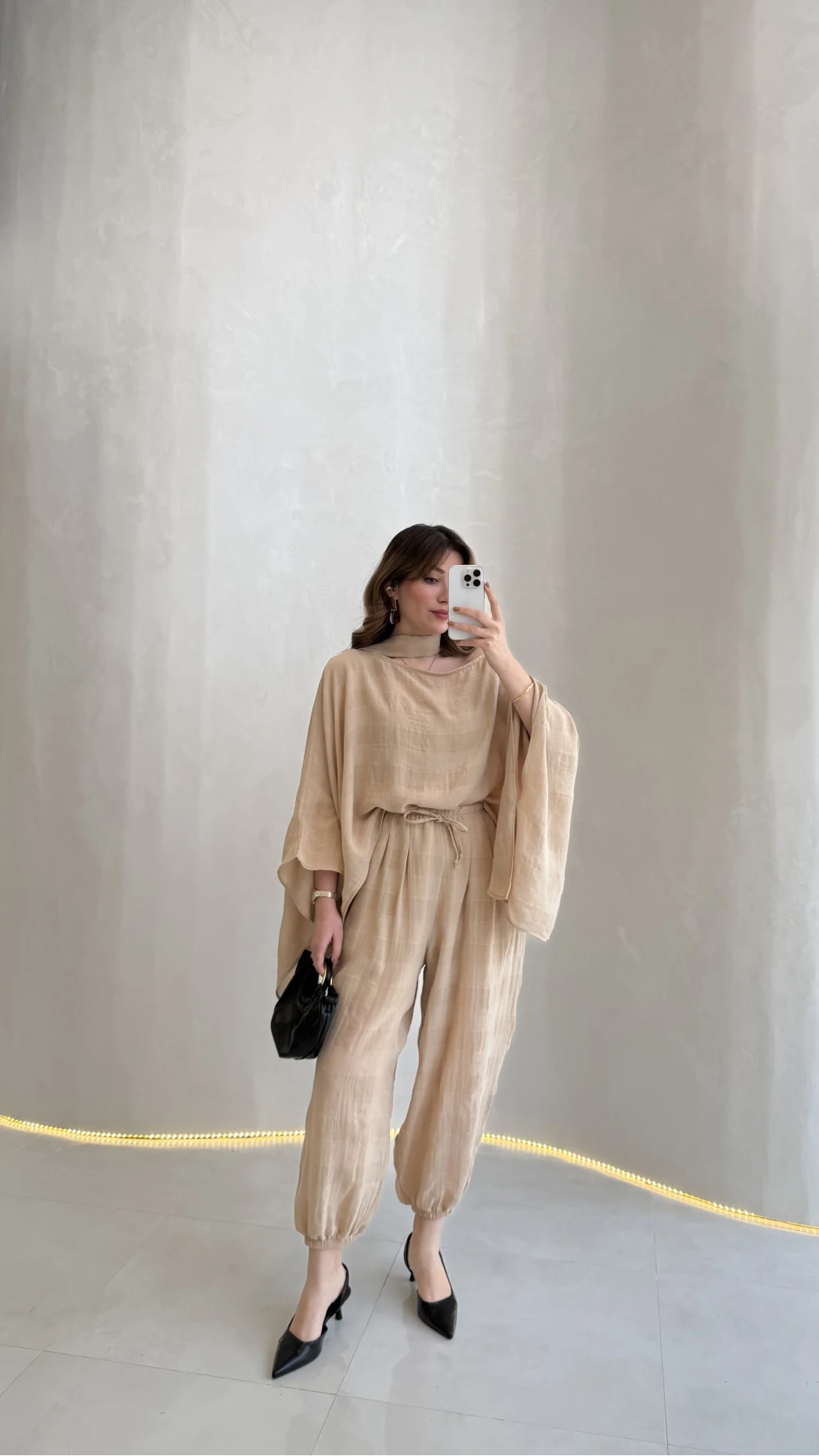 Pançolu Ekose Desenli Fular Detay Takım - Taş - Kod: 51344