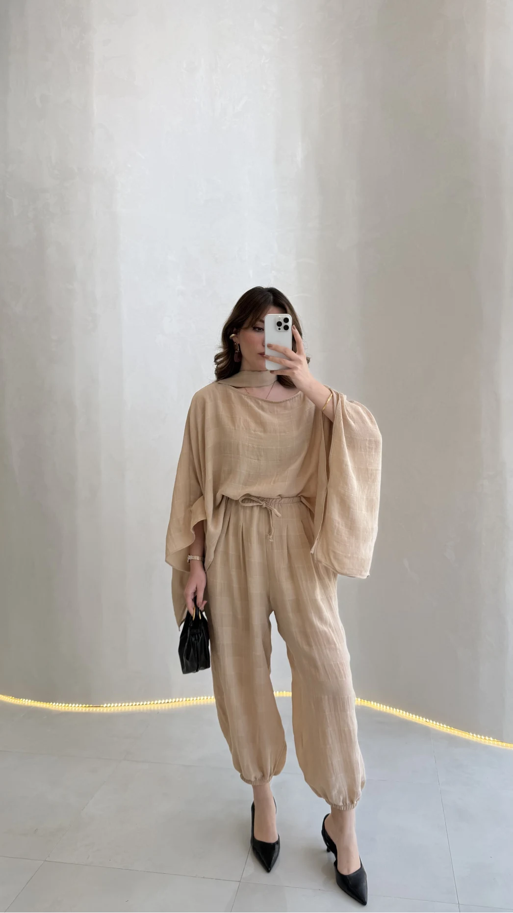 Pançolu Ekose Desenli Fular Detay Takım - Taş - Kod: 51344