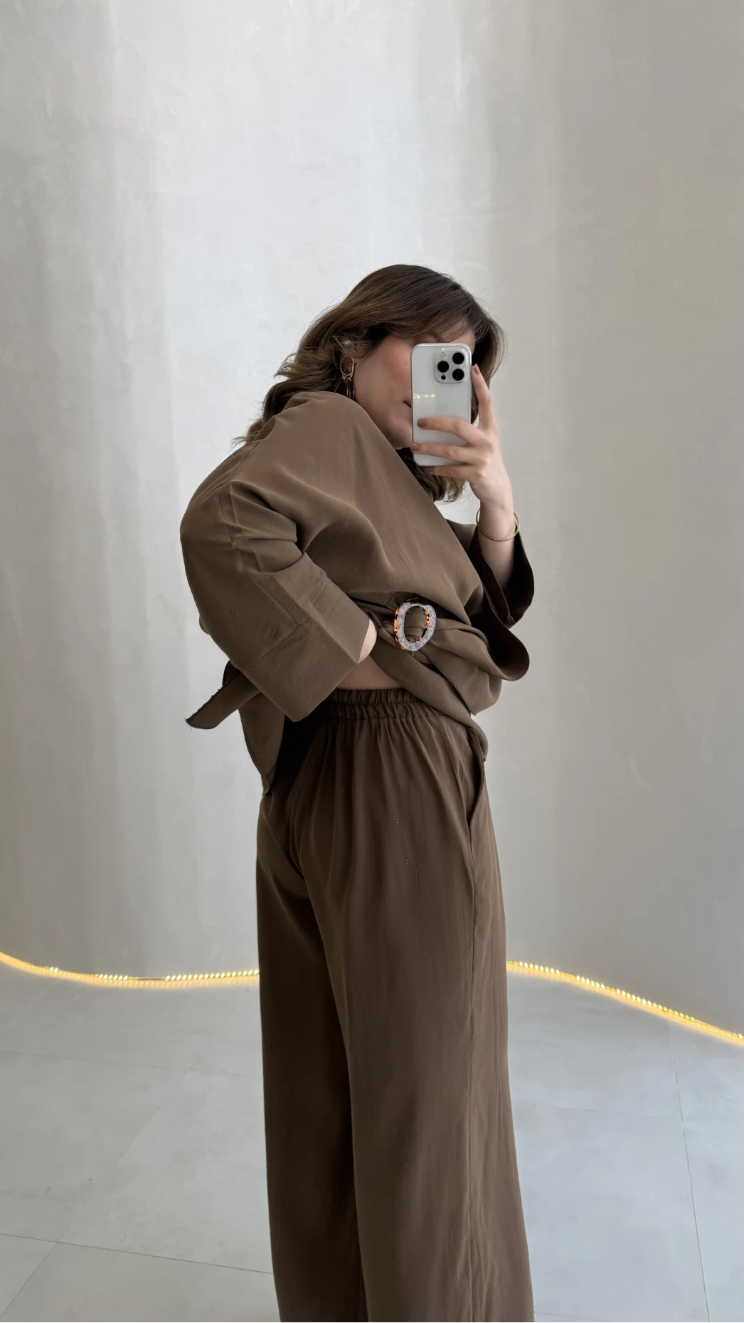 Paul Modal Kumaş Tokalı Bluz Pantolon Takım - Kahve - Kod: 51346