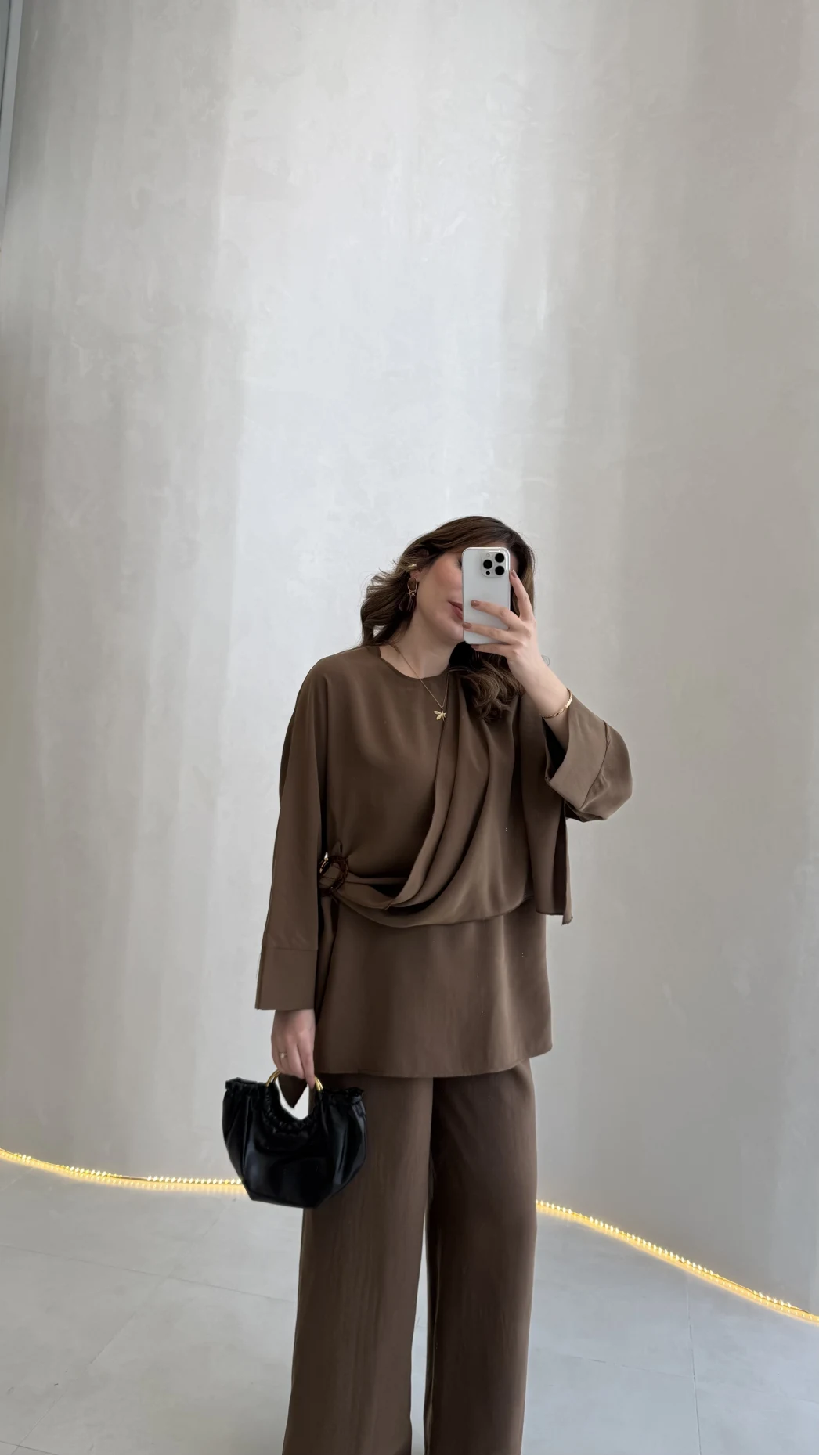 Paul Modal Kumaş Tokalı Bluz Pantolon Takım - Kahve - Kod: 51346