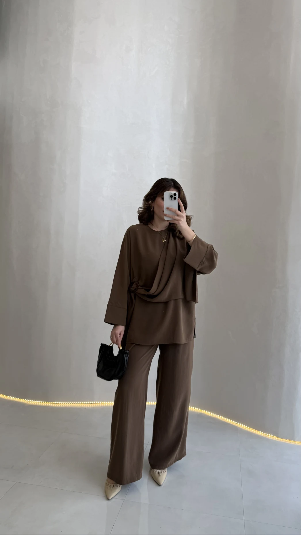 Paul Modal Kumaş Tokalı Bluz Pantolon Takım - Kahve - Kod: 51346