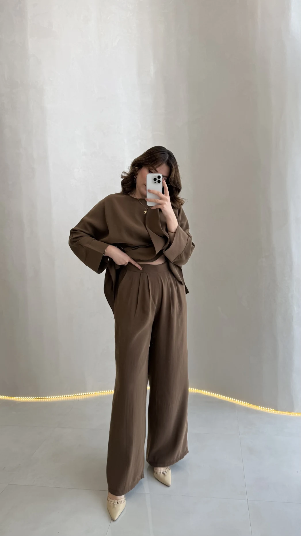 Paul Modal Kumaş Tokalı Bluz Pantolon Takım - Kahve - Kod: 51346