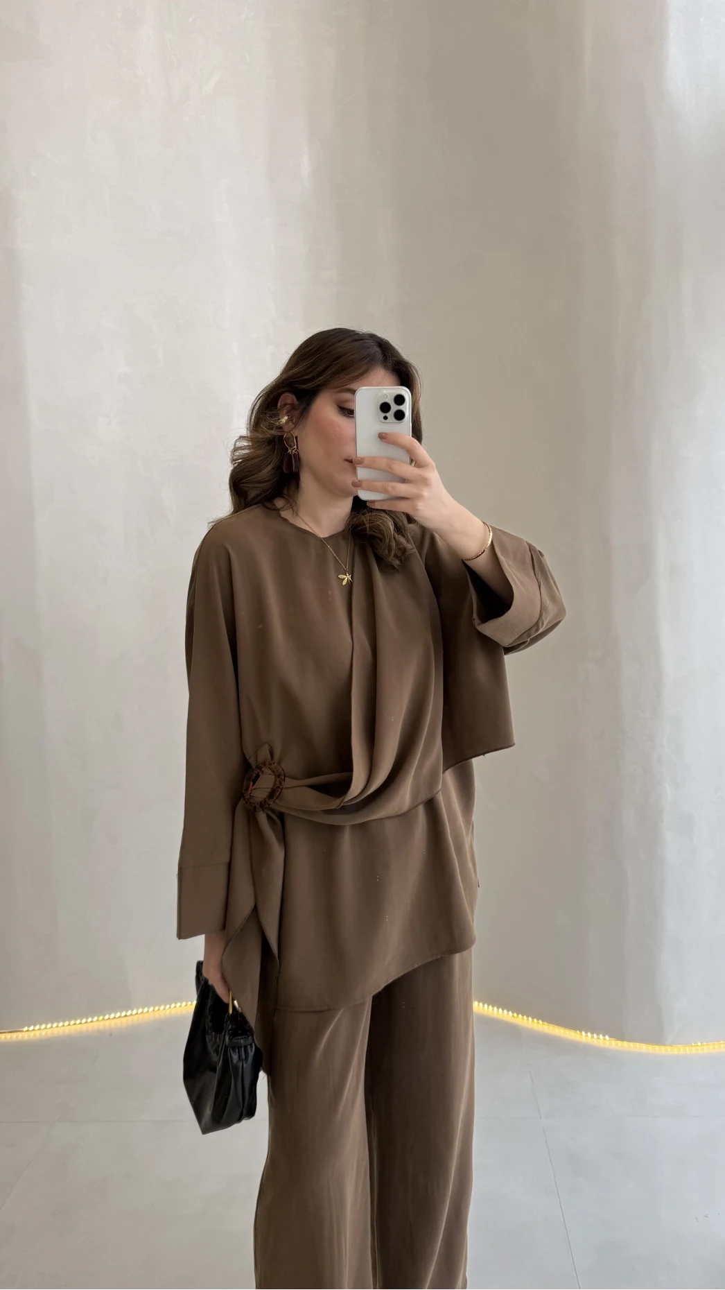 Paul Modal Kumaş Tokalı Bluz Pantolon Takım - Kahve - Kod: 51346