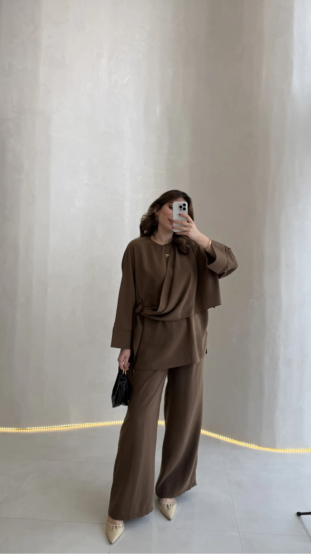 Paul Modal Kumaş Tokalı Bluz Pantolon Takım - Kahve - Kod: 51346