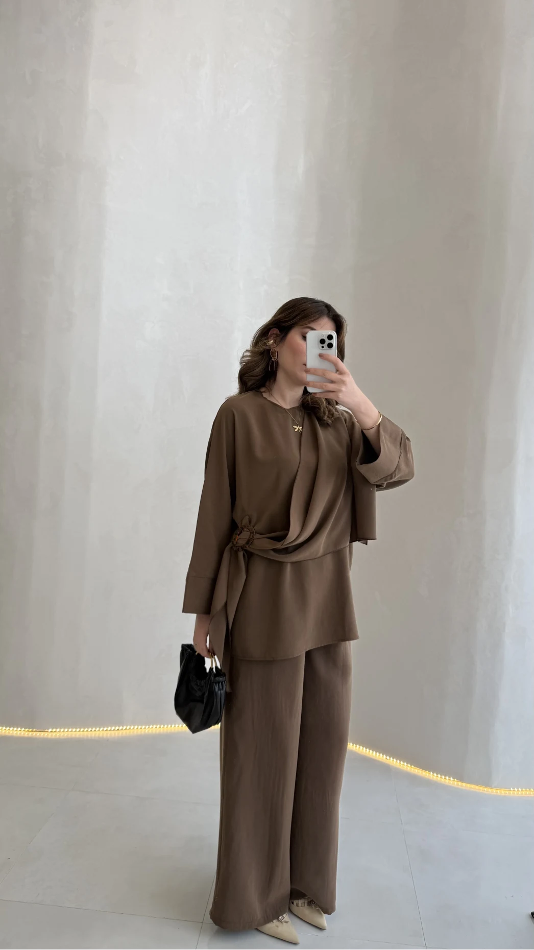 Paul Modal Kumaş Tokalı Bluz Pantolon Takım - Kahve - Kod: 51346