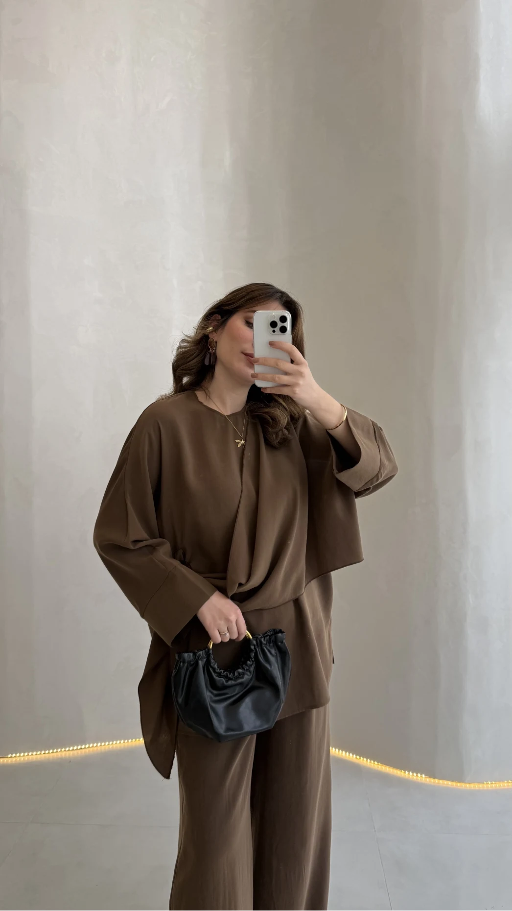 Paul Modal Kumaş Tokalı Bluz Pantolon Takım - Kahve - Kod: 51346