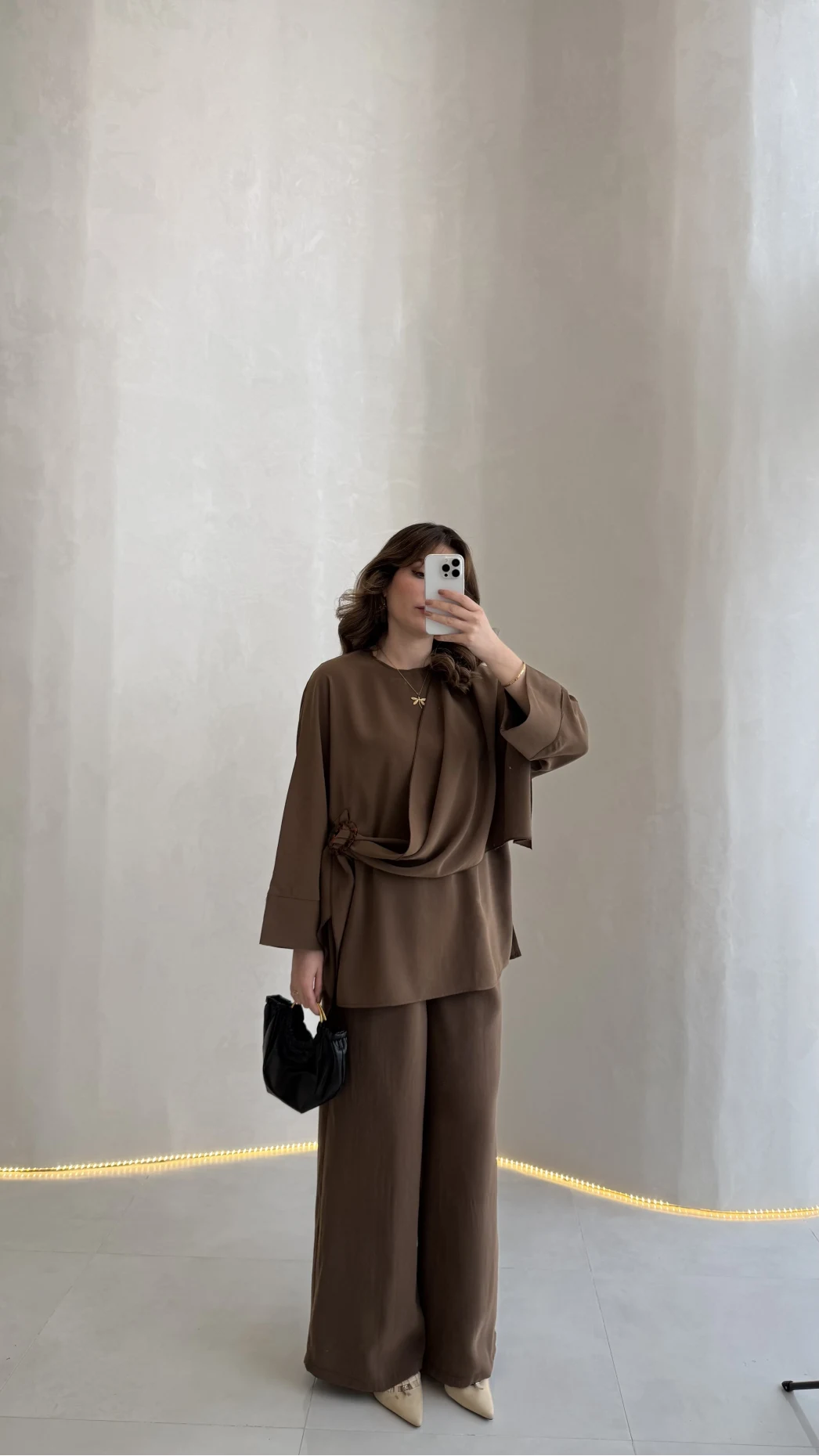 Paul Modal Kumaş Tokalı Bluz Pantolon Takım - Kahve - Kod: 51346