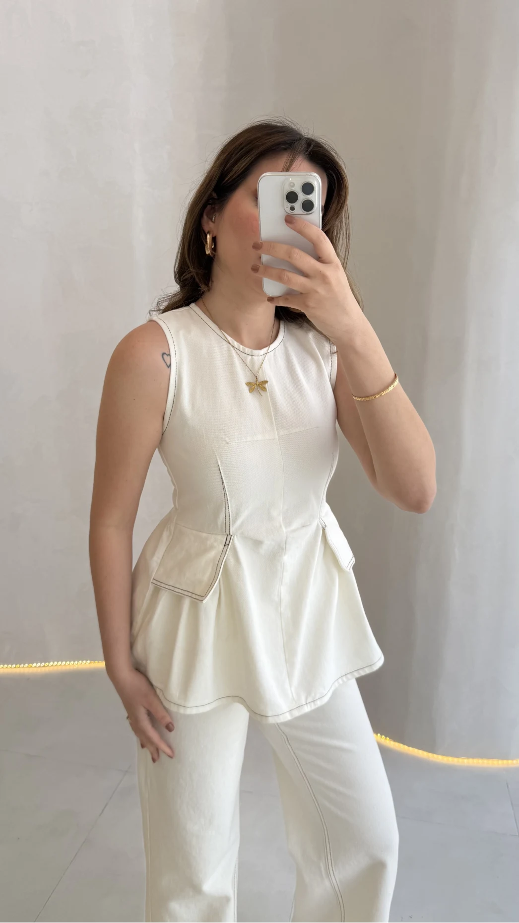 Dikiş Detaylı Sıfır Kol Denim Takım - Ekru - Kod: 2505