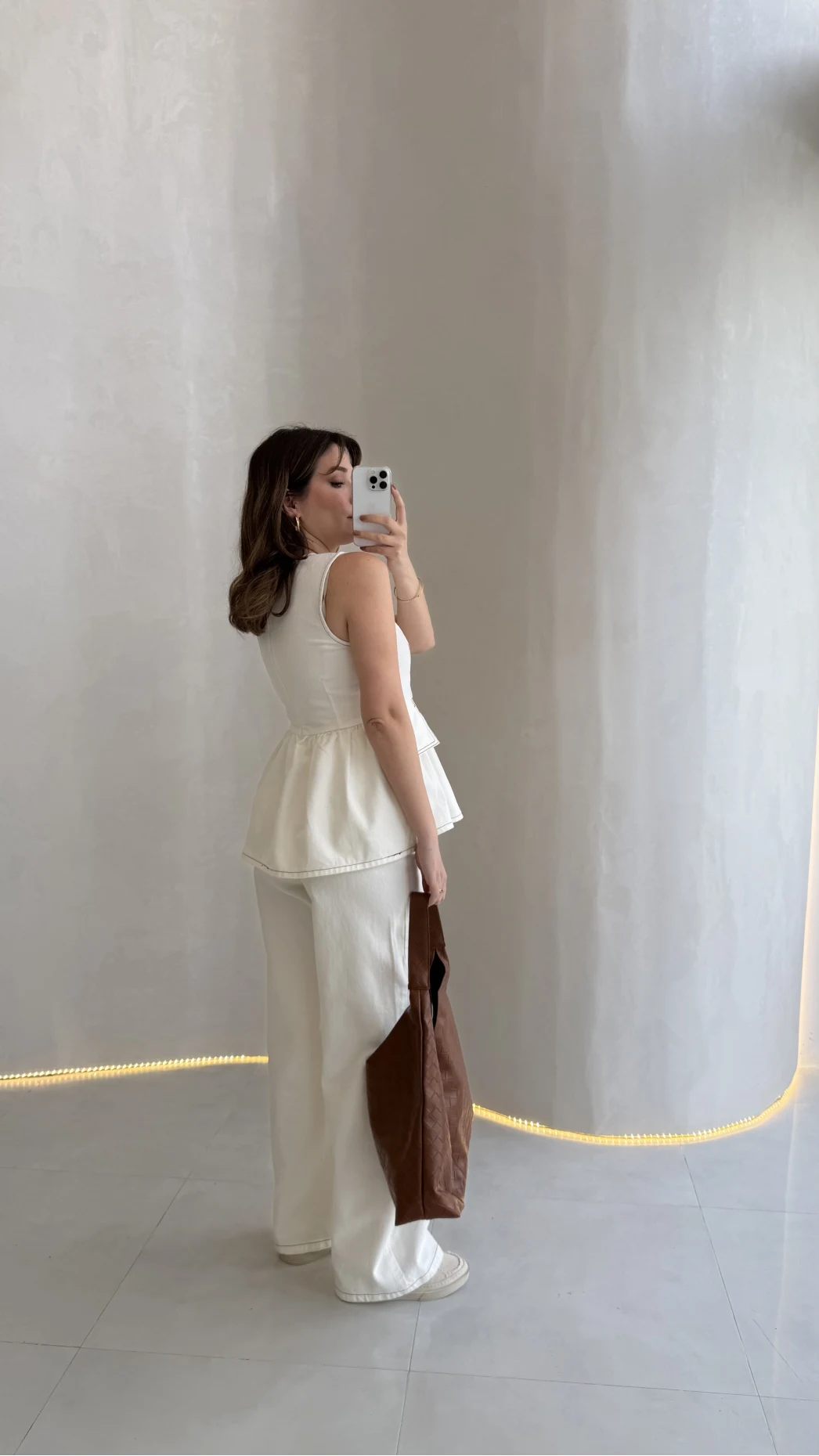 Dikiş Detaylı Sıfır Kol Denim Takım - Ekru - Kod: 2505