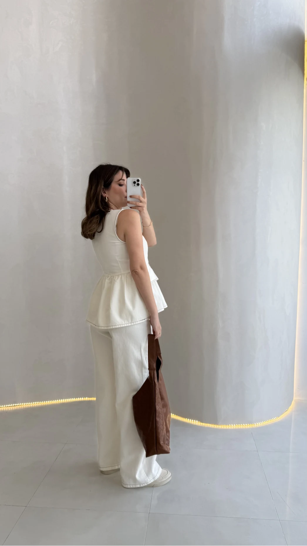 Dikiş Detaylı Sıfır Kol Denim Takım - Ekru - Kod: 2505