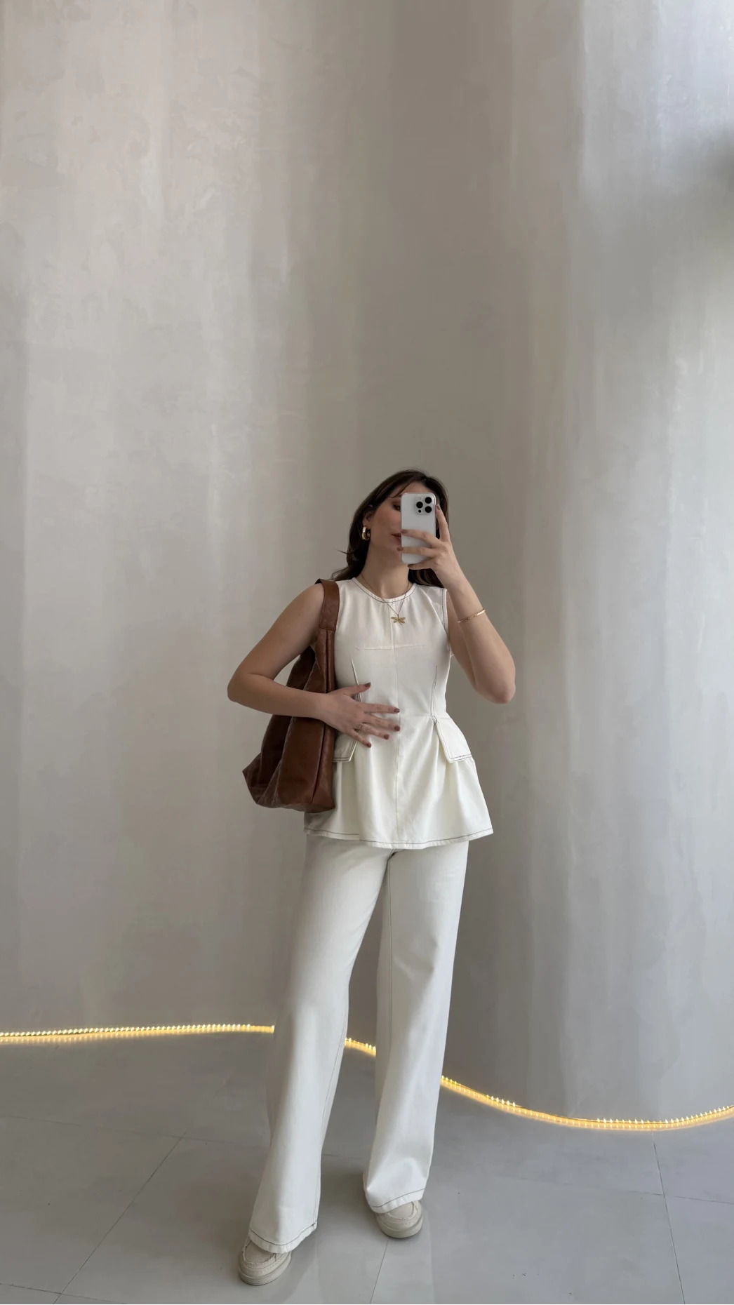 Dikiş Detaylı Sıfır Kol Denim Takım - Ekru - Kod: 2505