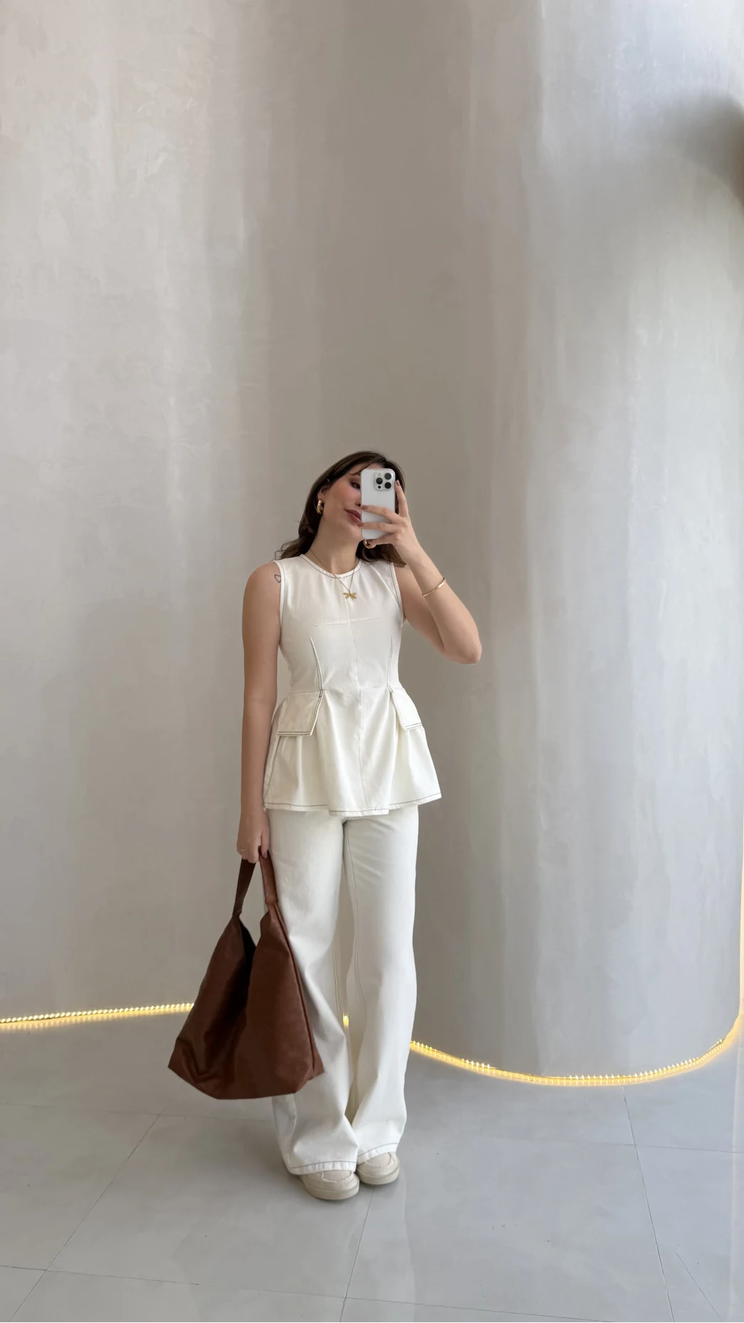 Dikiş Detaylı Sıfır Kol Denim Takım - Ekru - Kod: 2505