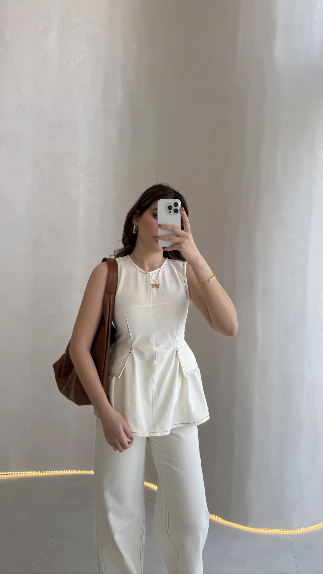 Dikiş Detaylı Sıfır Kol Denim Takım - Ekru - Kod: 2505