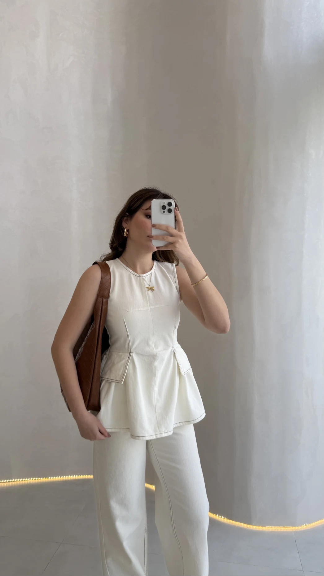 Dikiş Detaylı Sıfır Kol Denim Takım - Ekru - Kod: 2505