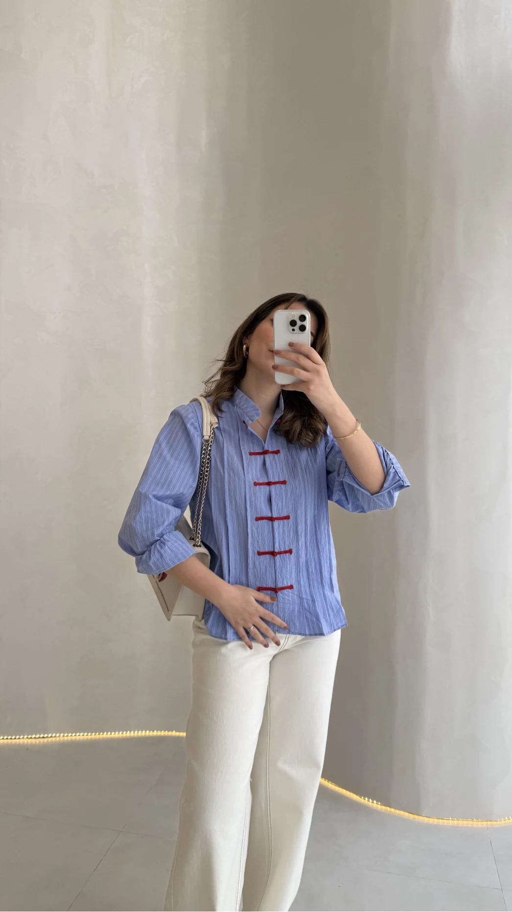 Bridgerton Serisi Çizgili Gömlek - Mavi - Kod: 0949