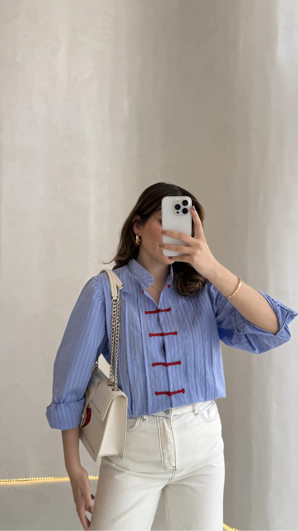 Bridgerton Serisi Çizgili Gömlek - Mavi - Kod: 0949