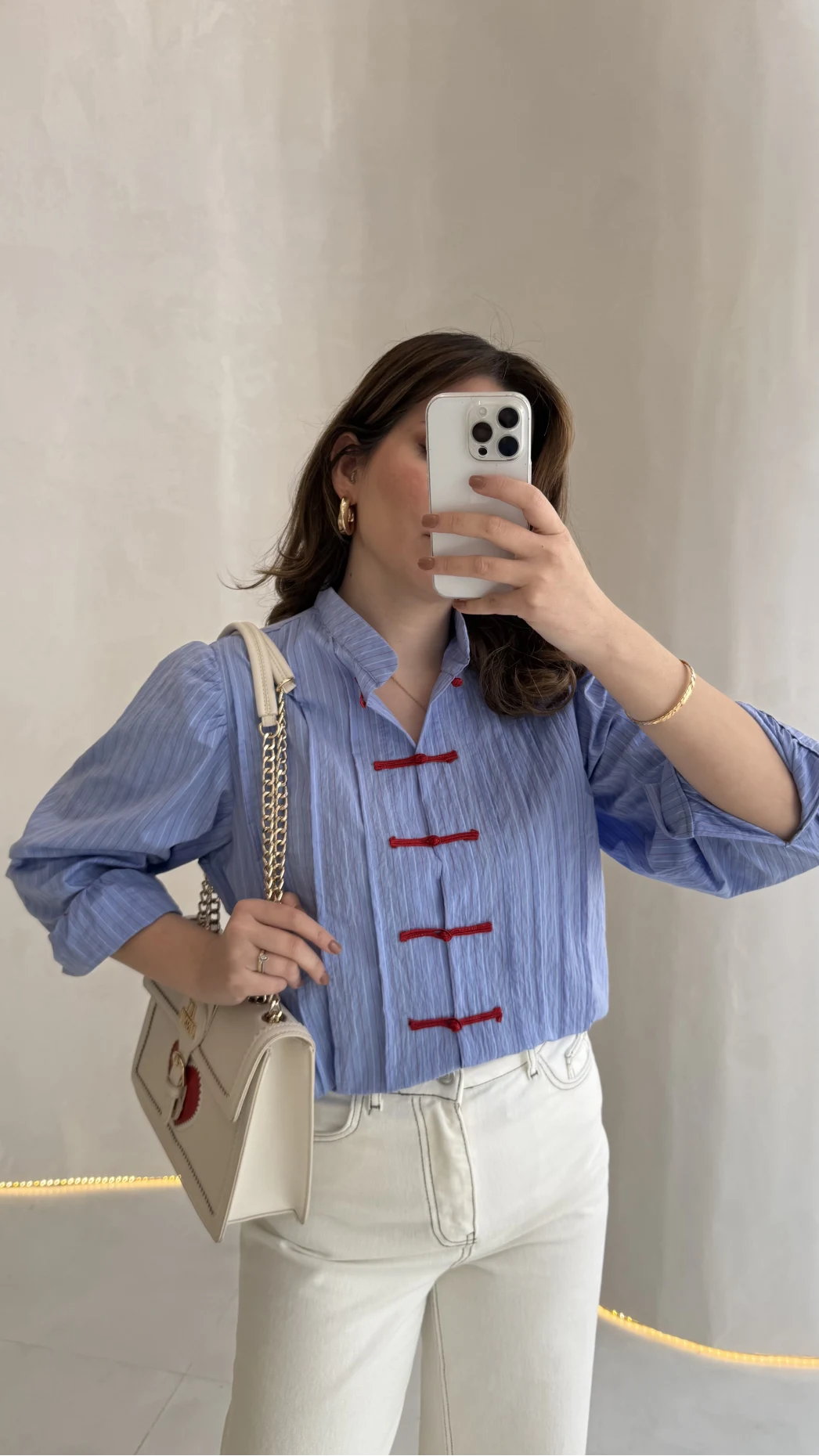 Bridgerton Serisi Çizgili Gömlek - Mavi - Kod: 0949