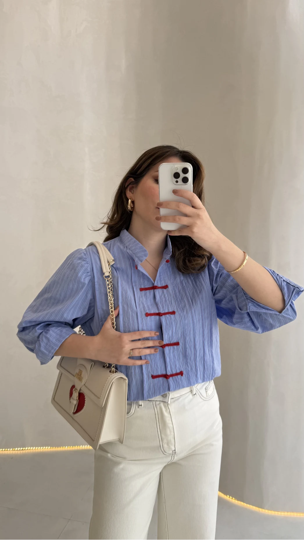 Bridgerton Serisi Çizgili Gömlek - Mavi - Kod: 0949