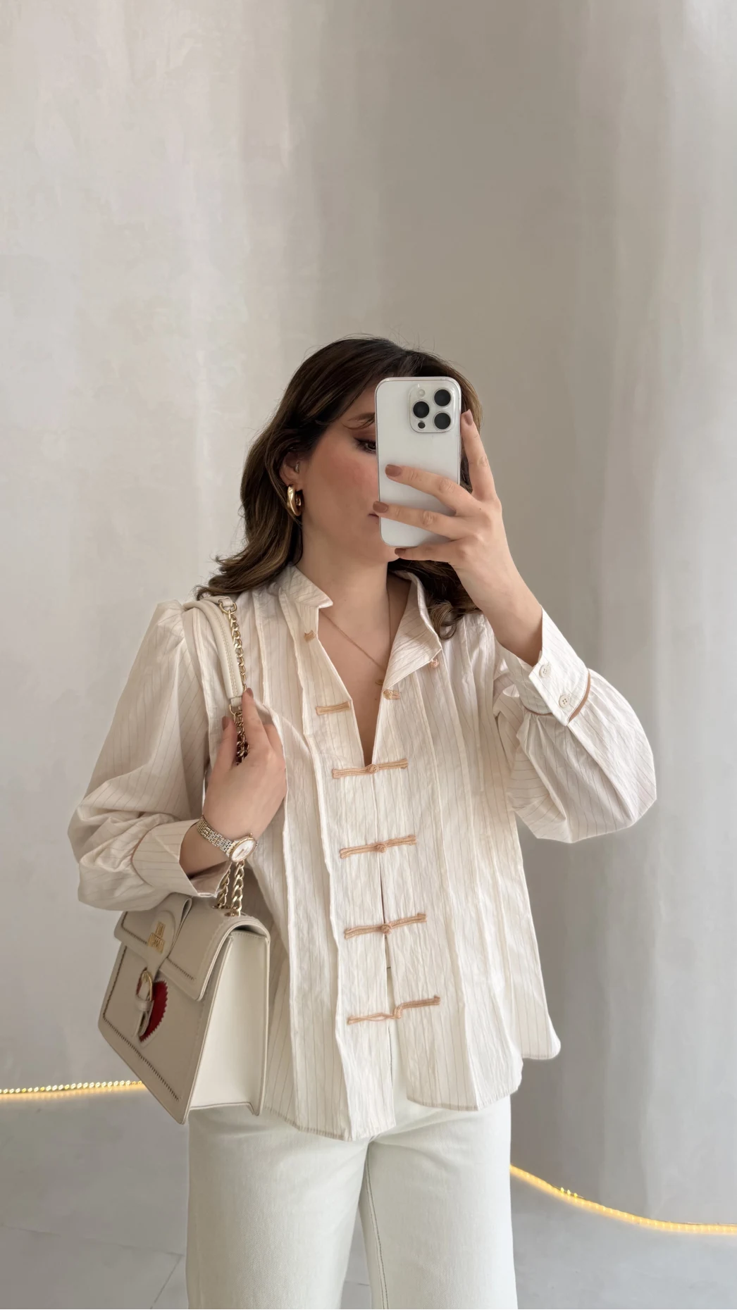 Bridgerton Serisi Çizgili Gömlek - Ekru - Kod: 0949