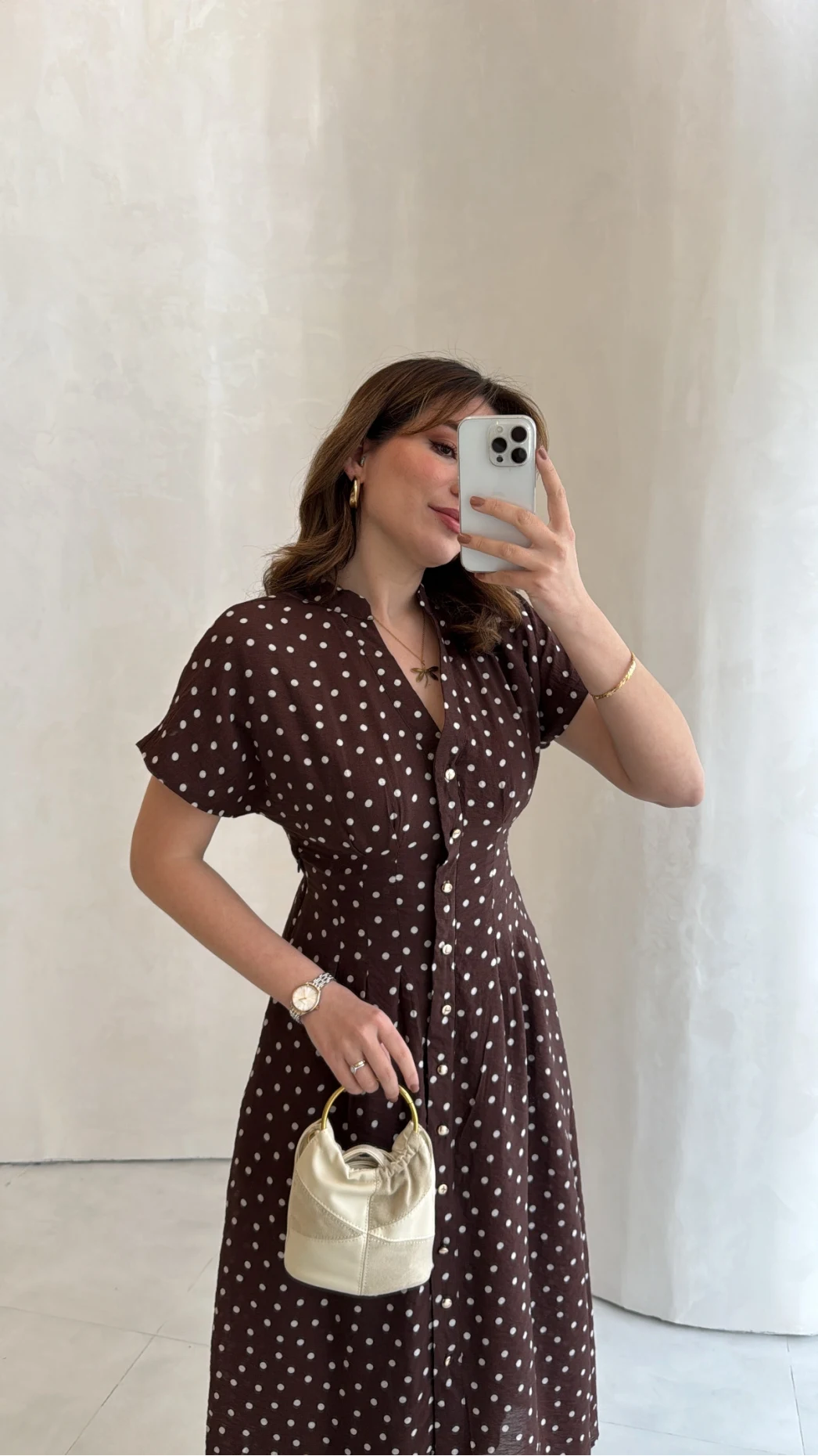 Eclipse Beli Pileli Puantiye Desen Bağcıklı Düğmeli Elbise - Kahverengi - Kod: 3083