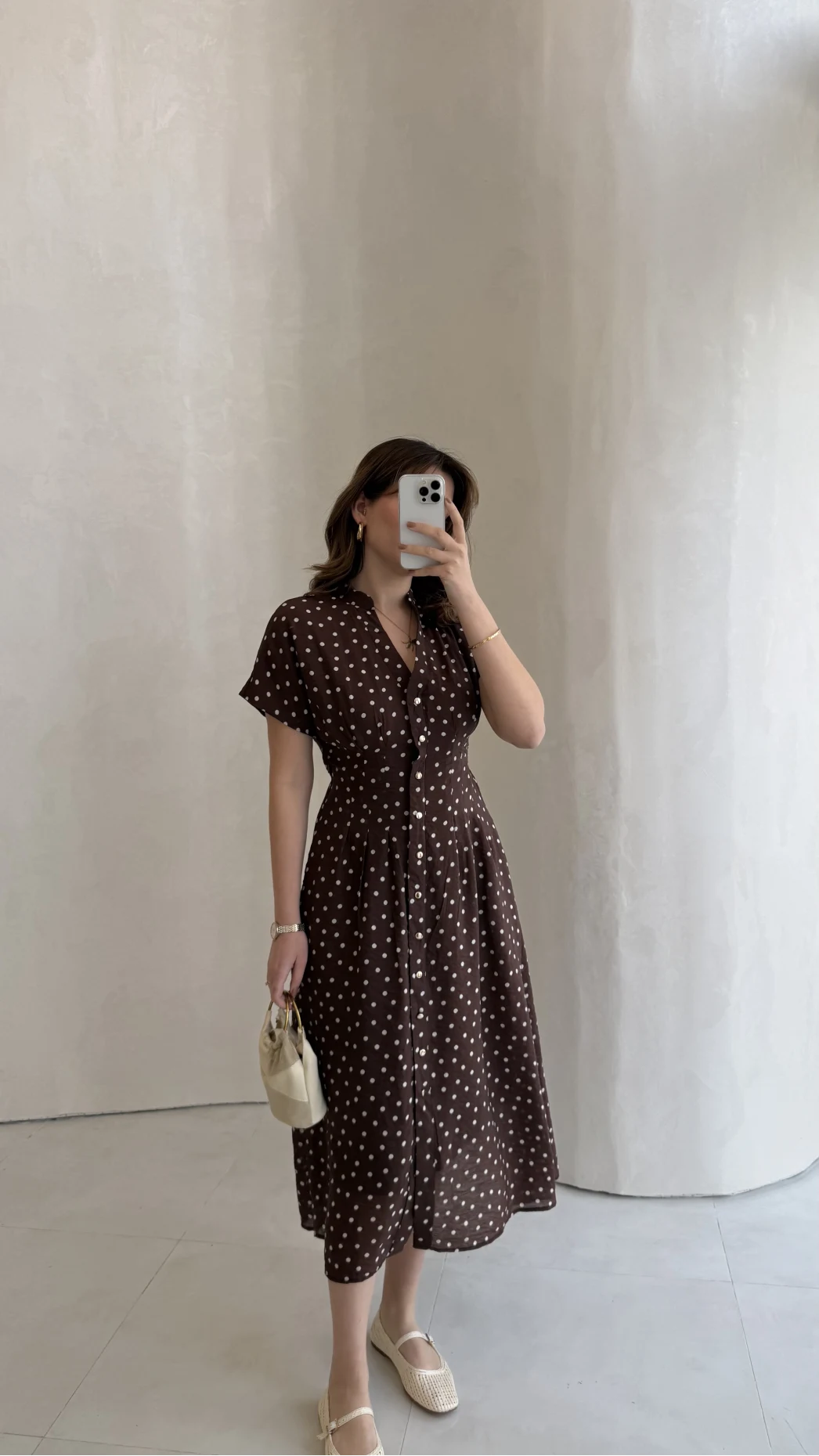 Eclipse Beli Pileli Puantiye Desen Bağcıklı Düğmeli Elbise - Kahverengi - Kod: 3083