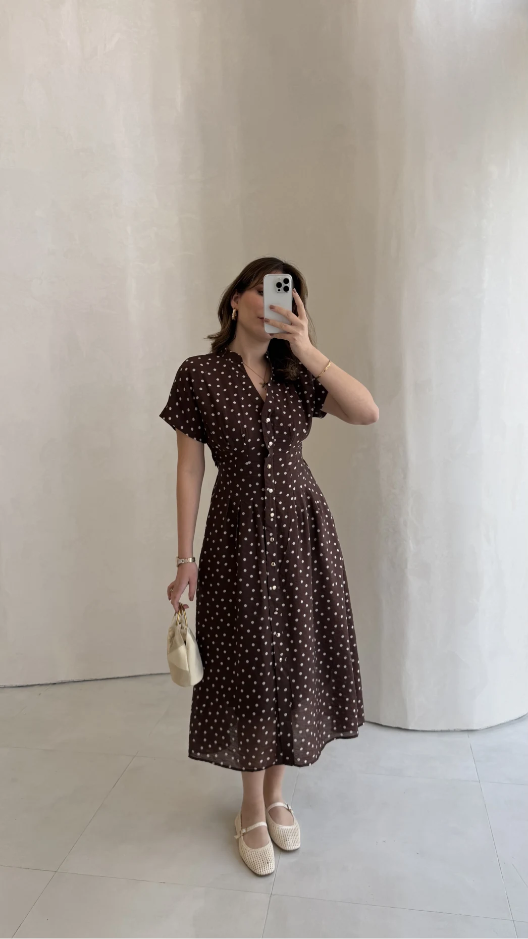 Eclipse Beli Pileli Puantiye Desen Bağcıklı Düğmeli Elbise - Kahverengi - Kod: 3083