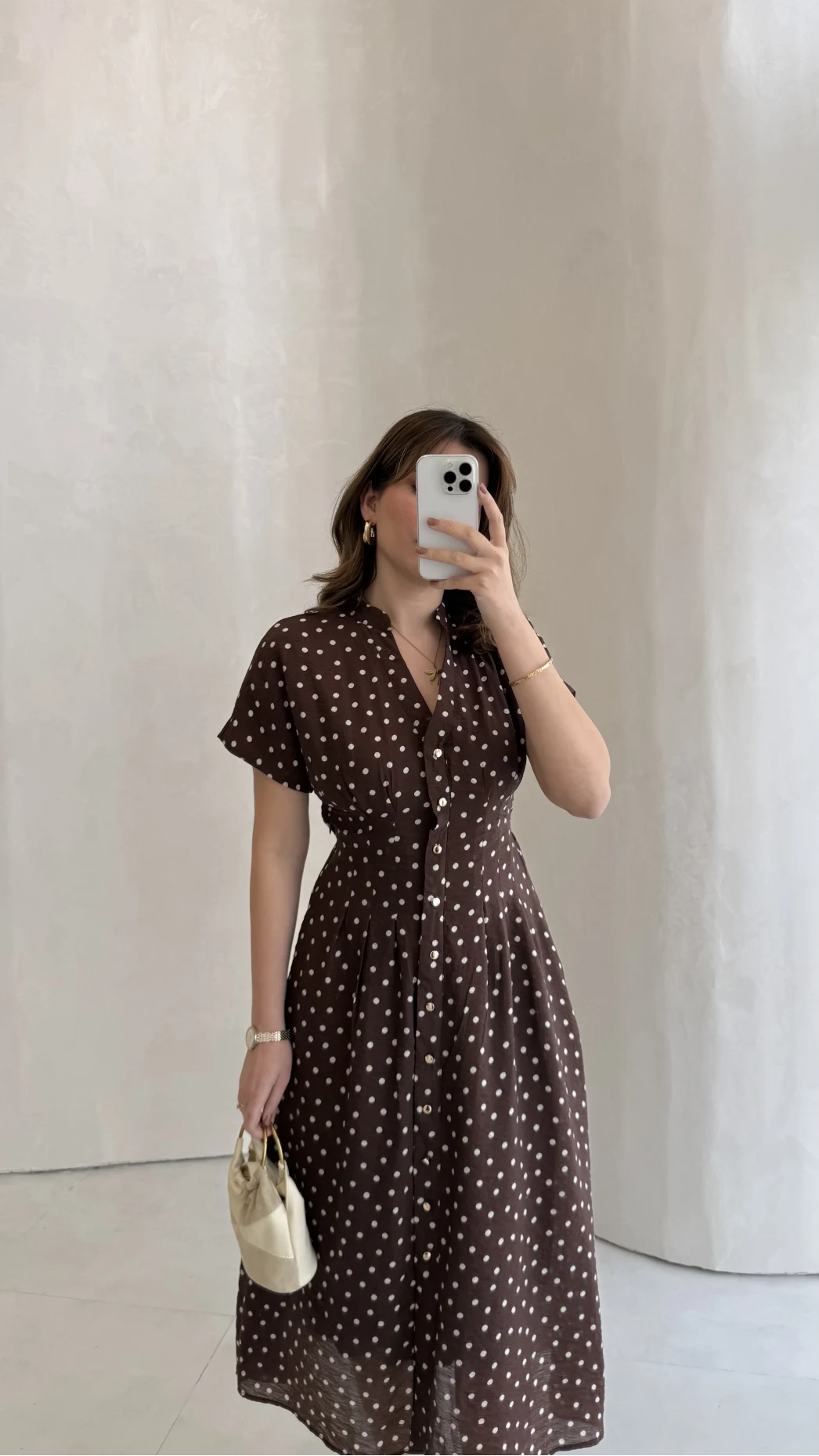 Eclipse Beli Pileli Puantiye Desen Bağcıklı Düğmeli Elbise - Kahverengi - Kod: 3083