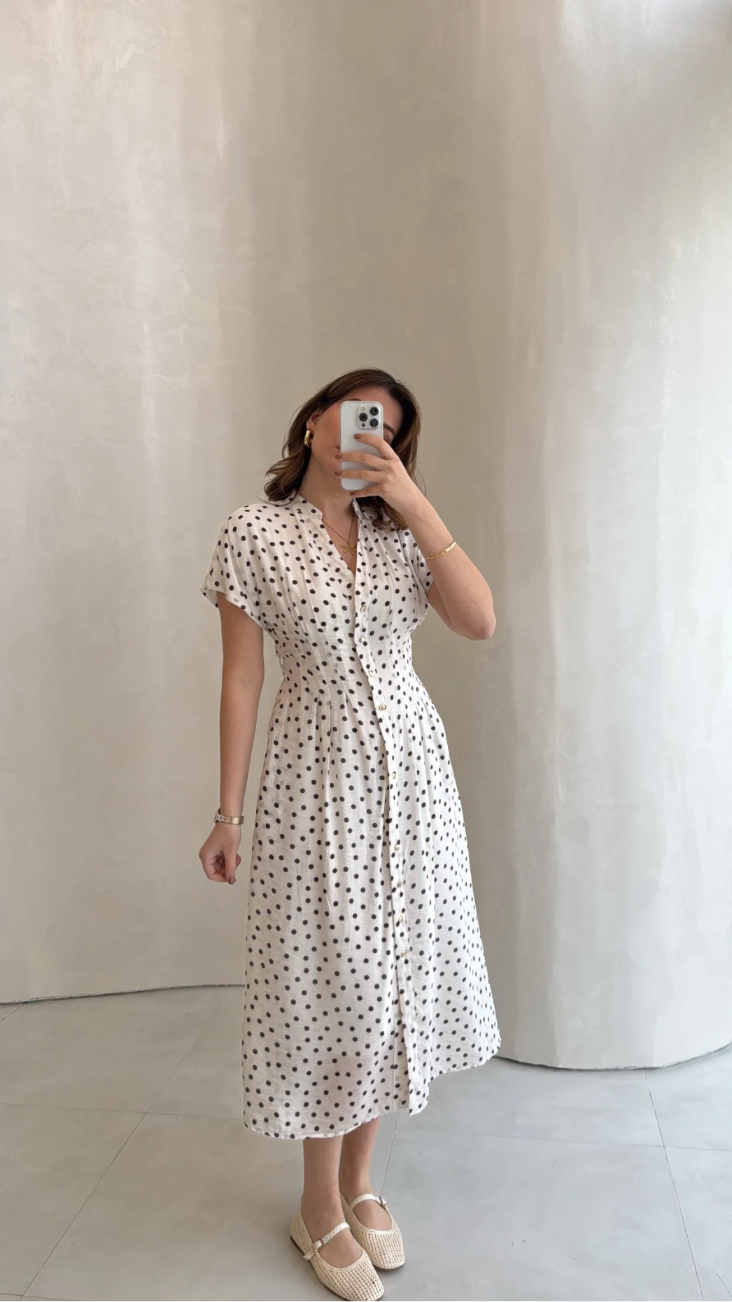 Eclipse Beli Pileli Puantiye Desen Bağcıklı Düğmeli Elbise - Ekru - Kod: 3083