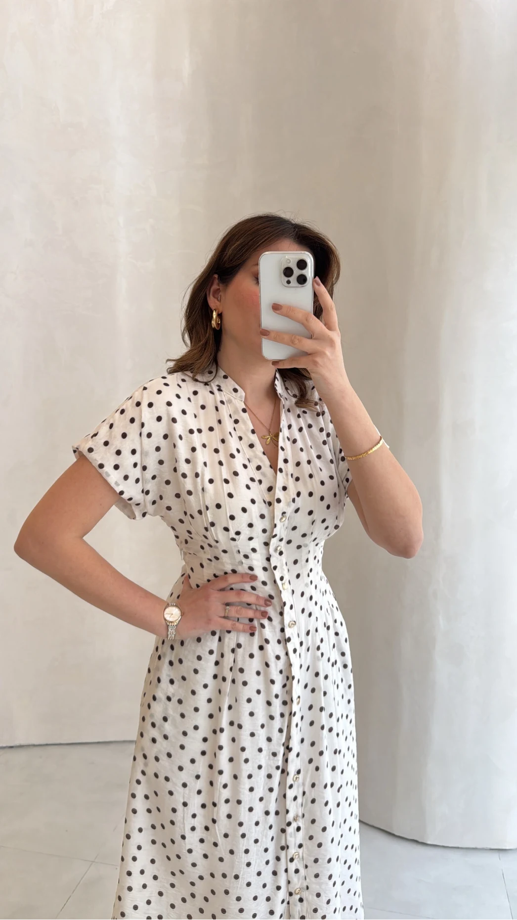 Eclipse Beli Pileli Puantiye Desen Bağcıklı Düğmeli Elbise - Ekru - Kod: 3083