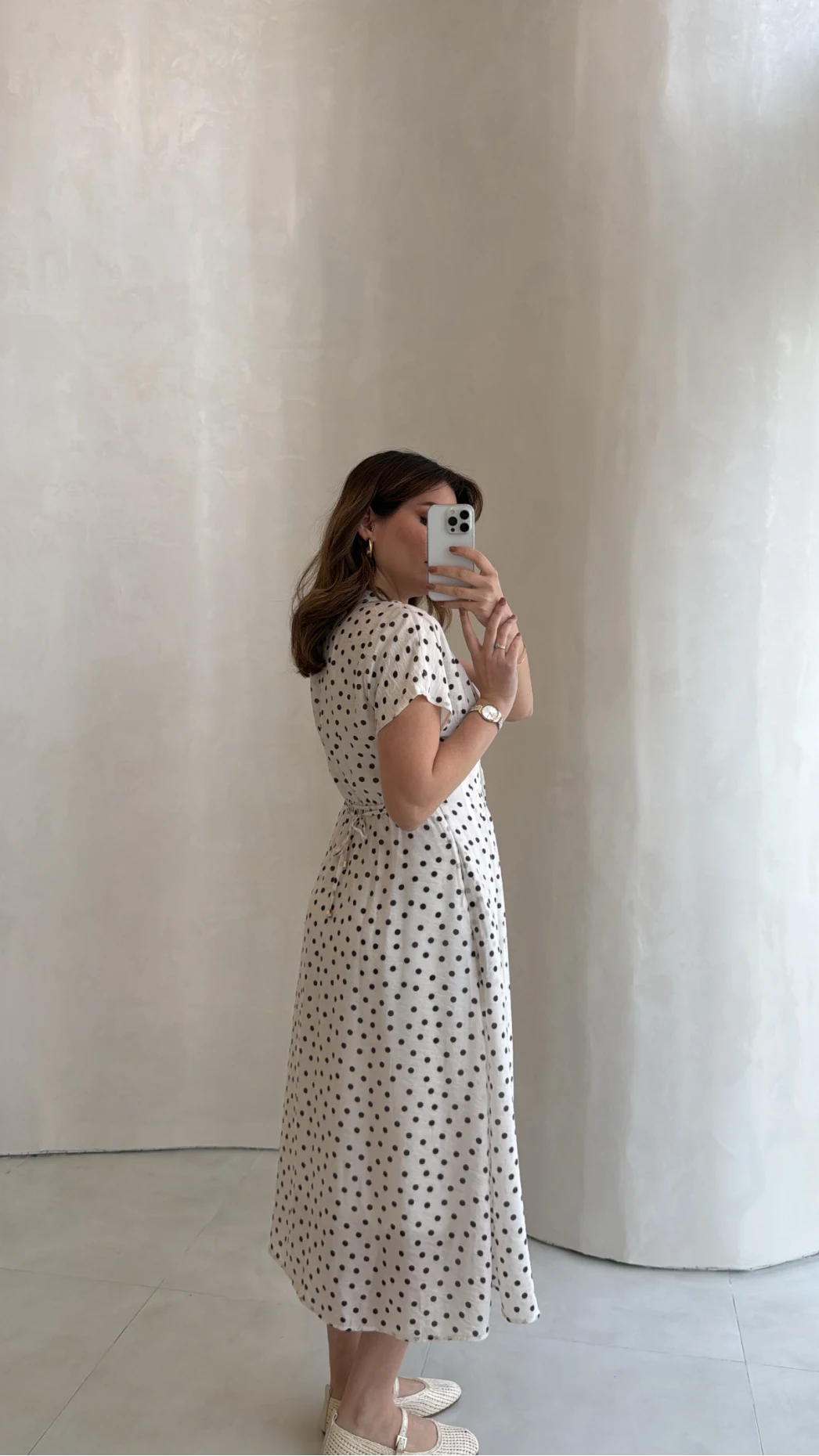 Eclipse Beli Pileli Puantiye Desen Bağcıklı Düğmeli Elbise - Ekru - Kod: 3083