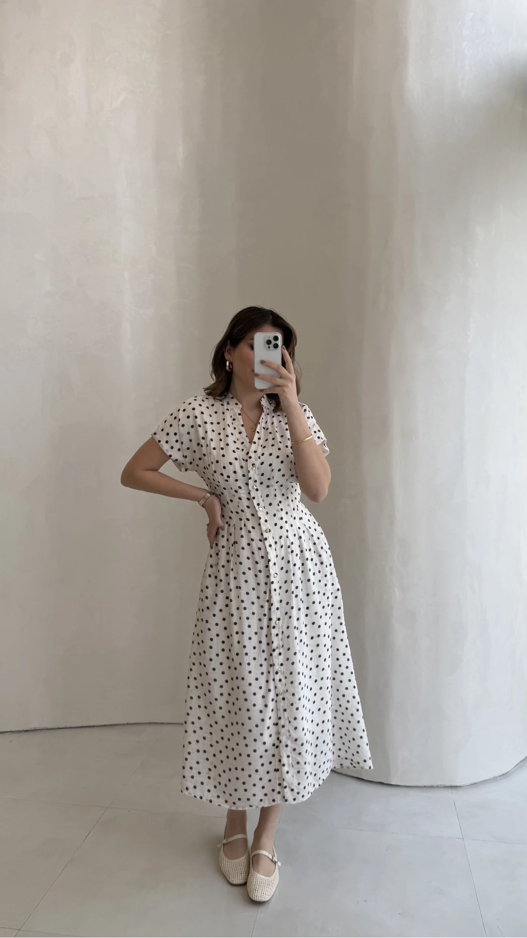 Eclipse Beli Pileli Puantiye Desen Bağcıklı Düğmeli Elbise - Ekru - Kod: 3083