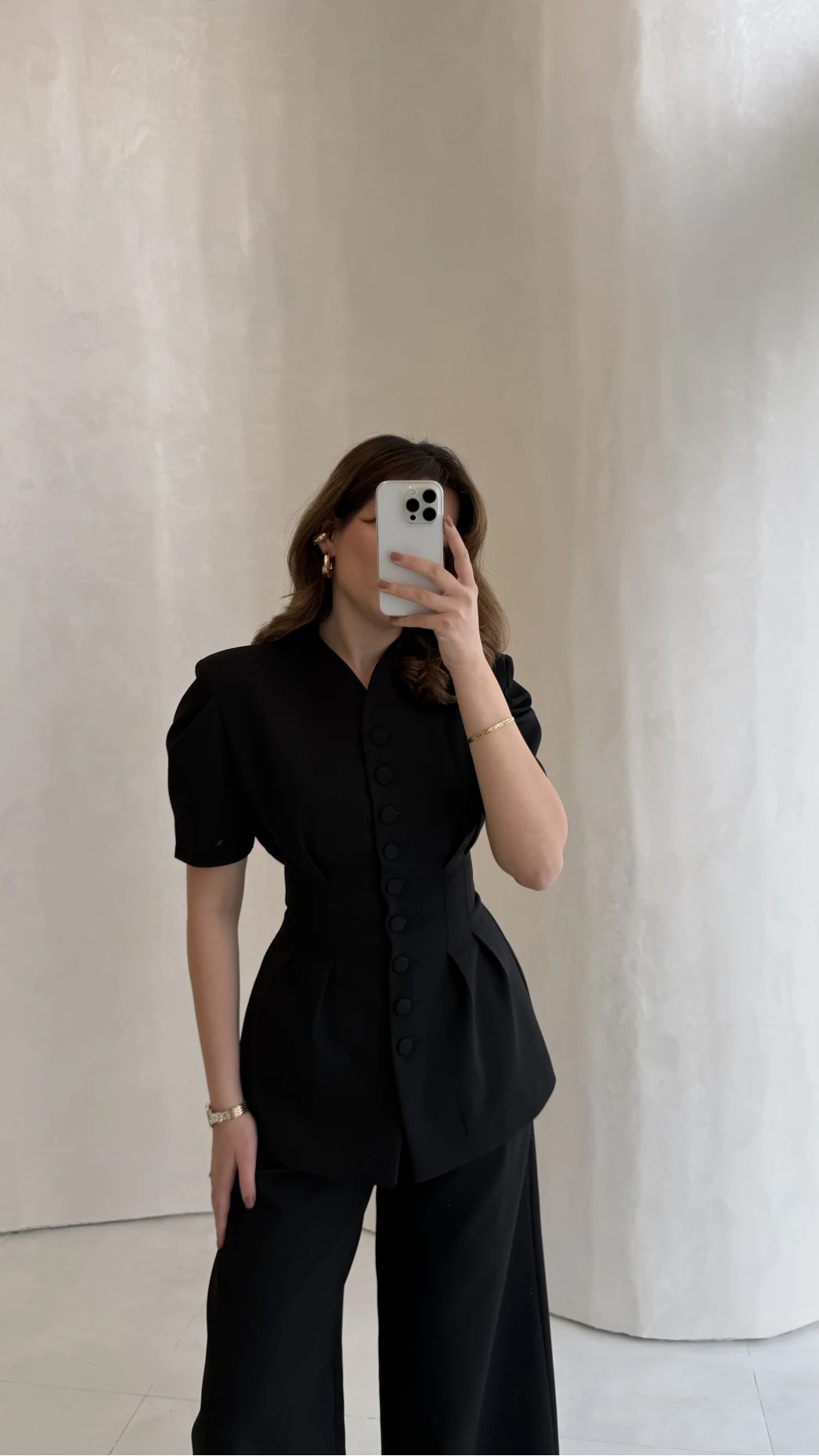 Noir Bel Detay Balon Kol Vatkalı Düğmeli Takım - Siyah