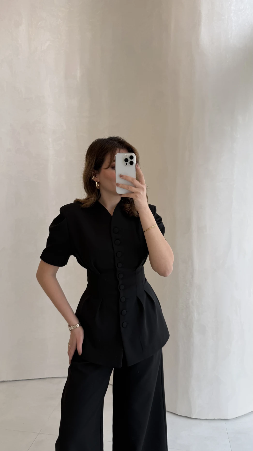 Noir Bel Detay Balon Kol Vatkalı Düğmeli Takım - Siyah