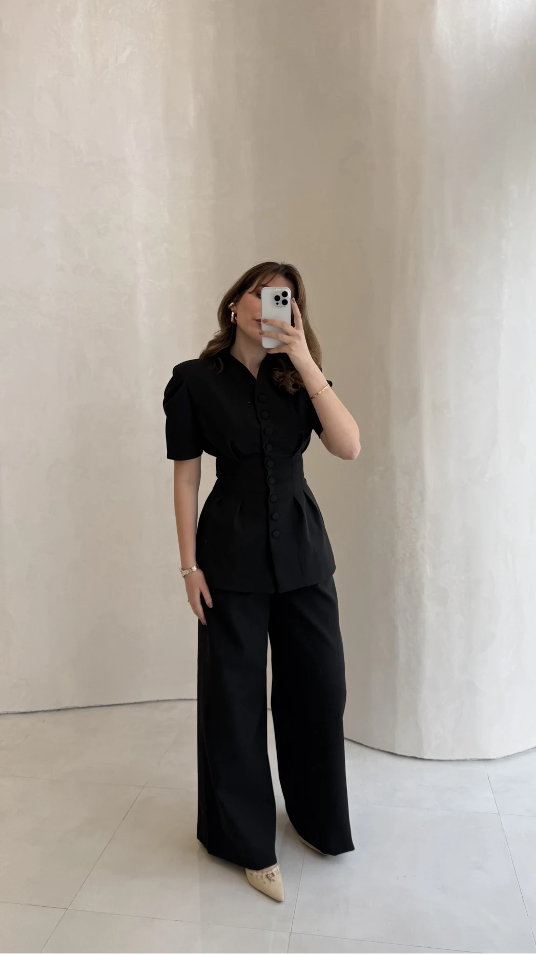 Noir Bel Detay Balon Kol Vatkalı Düğmeli Takım - Siyah