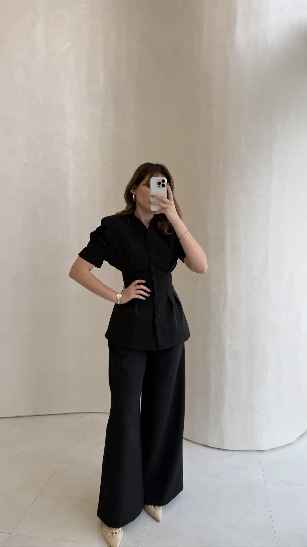 Noir Bel Detay Balon Kol Vatkalı Düğmeli Takım - Siyah