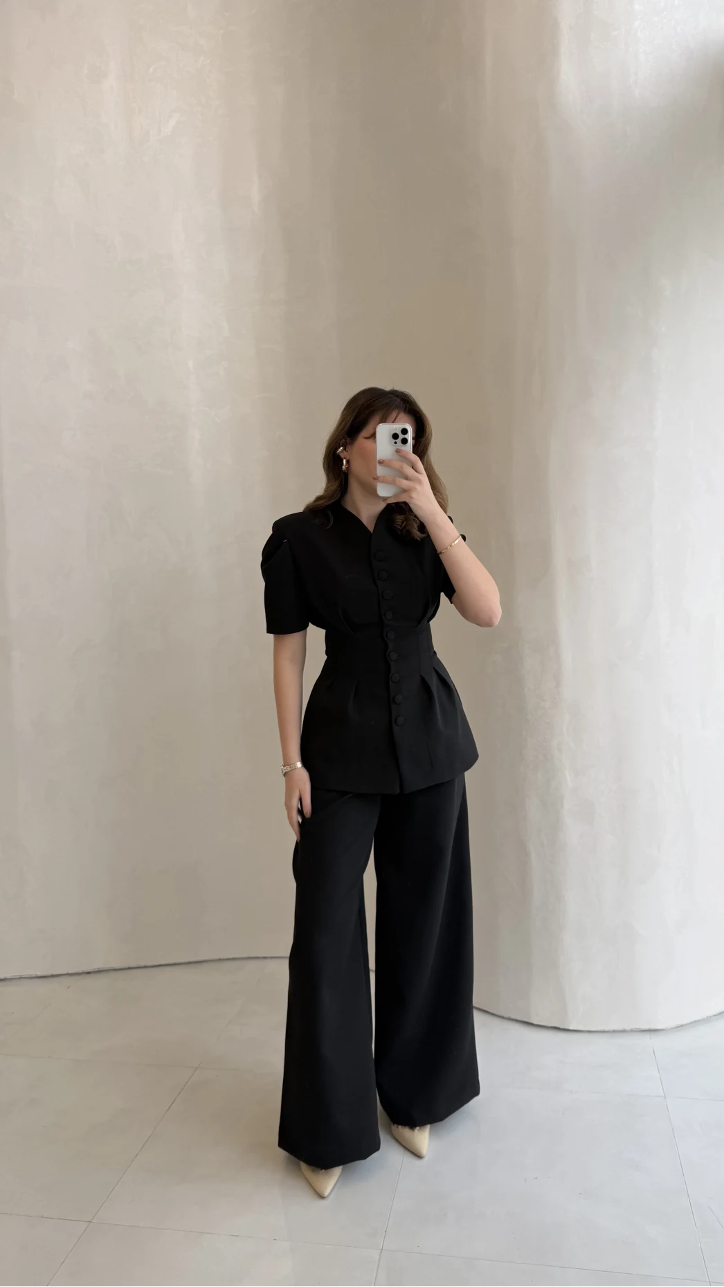 Noir Bel Detay Balon Kol Vatkalı Düğmeli Takım - Siyah