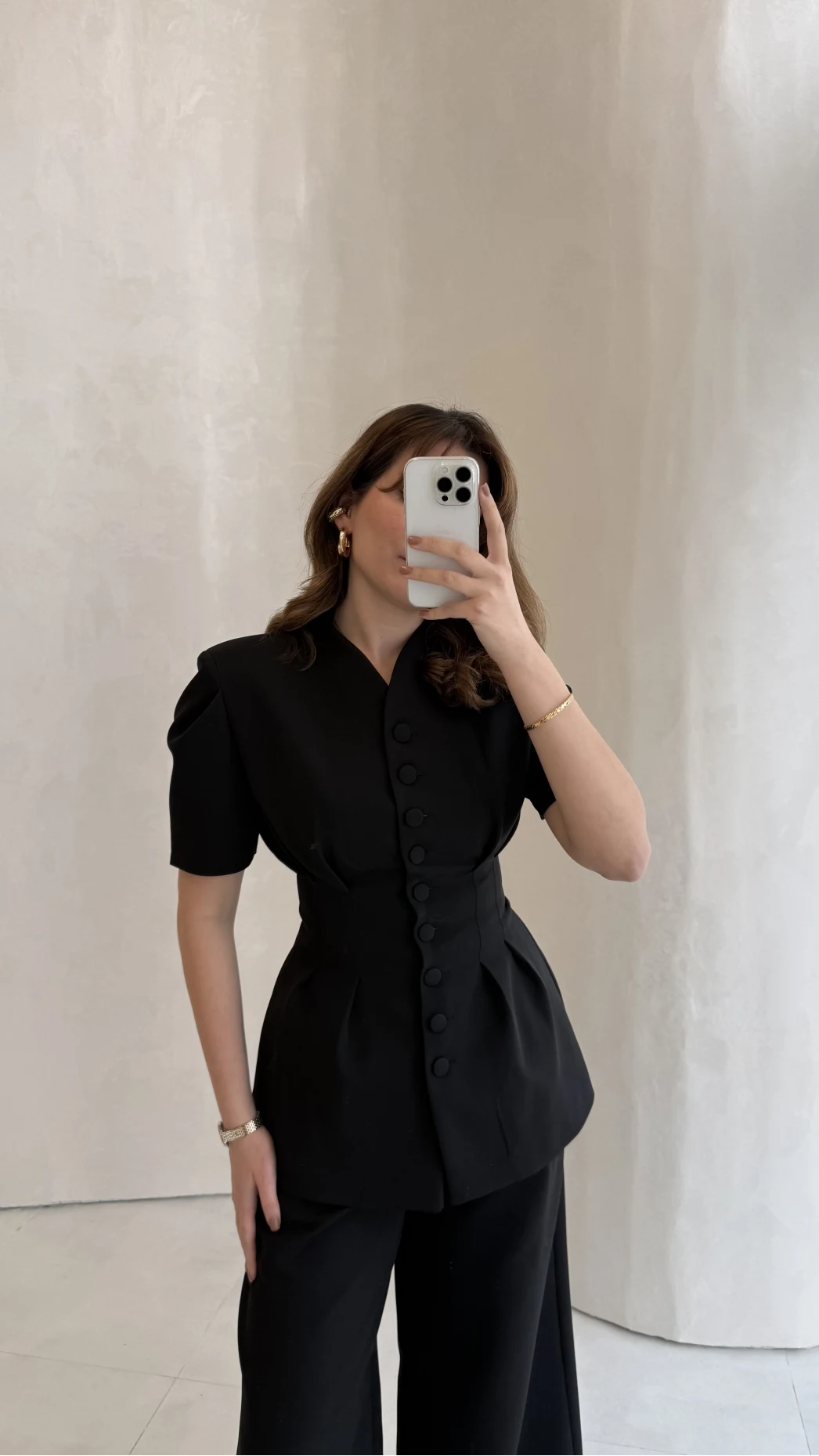 Noir Bel Detay Balon Kol Vatkalı Düğmeli Takım - Siyah