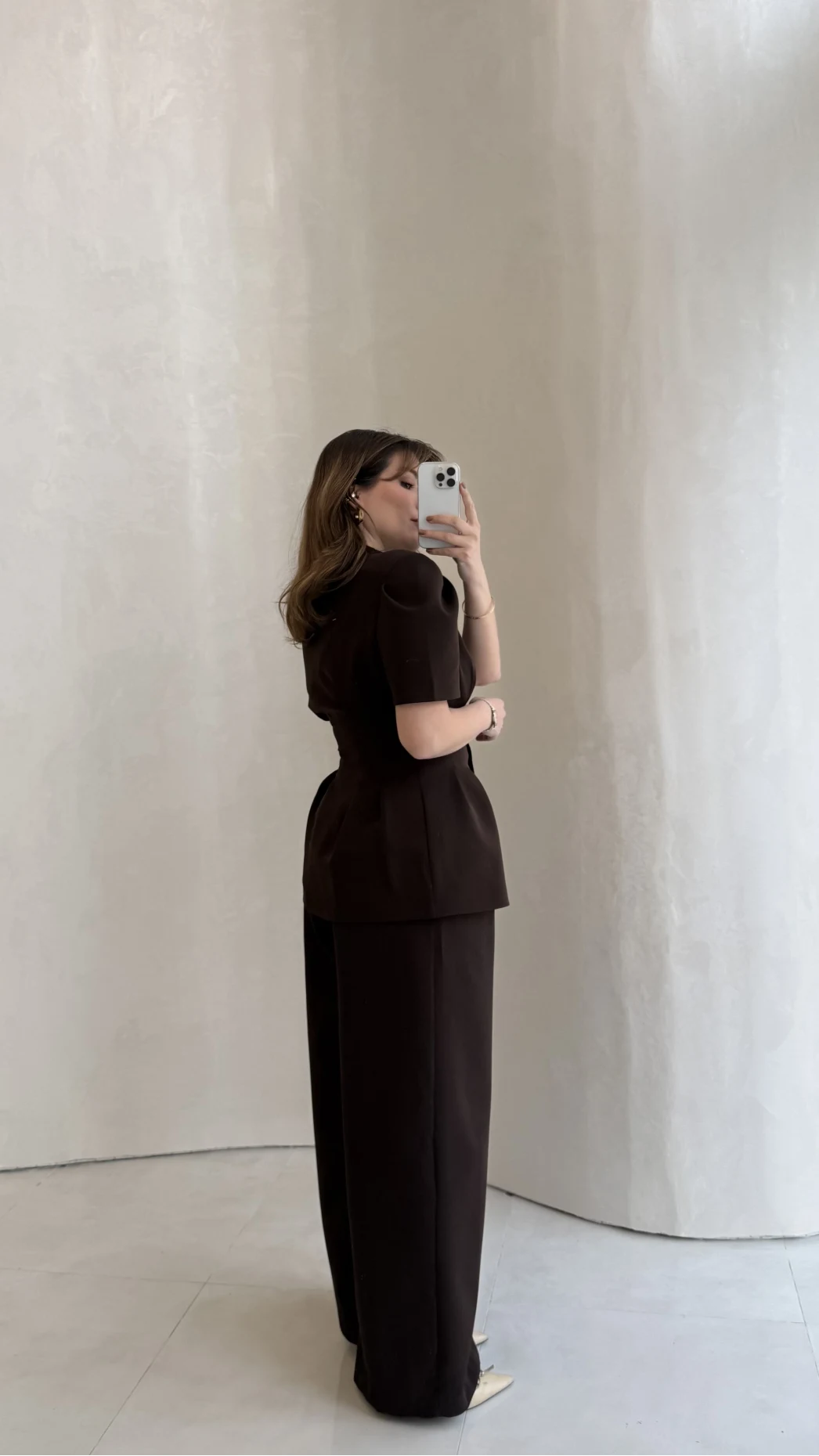 Noir Bel Detay Balon Kol Vatkalı Düğmeli Takım - Acı Kahve