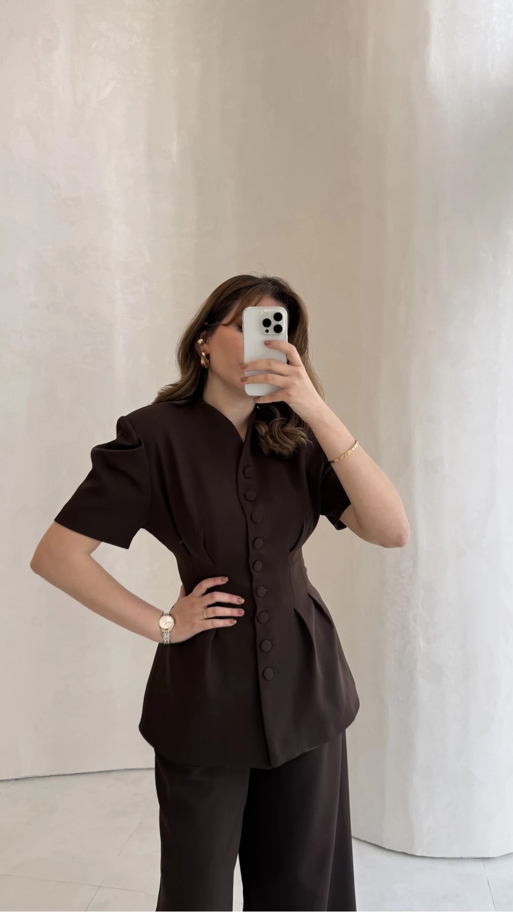 Noir Bel Detay Balon Kol Vatkalı Düğmeli Takım - Acı Kahve