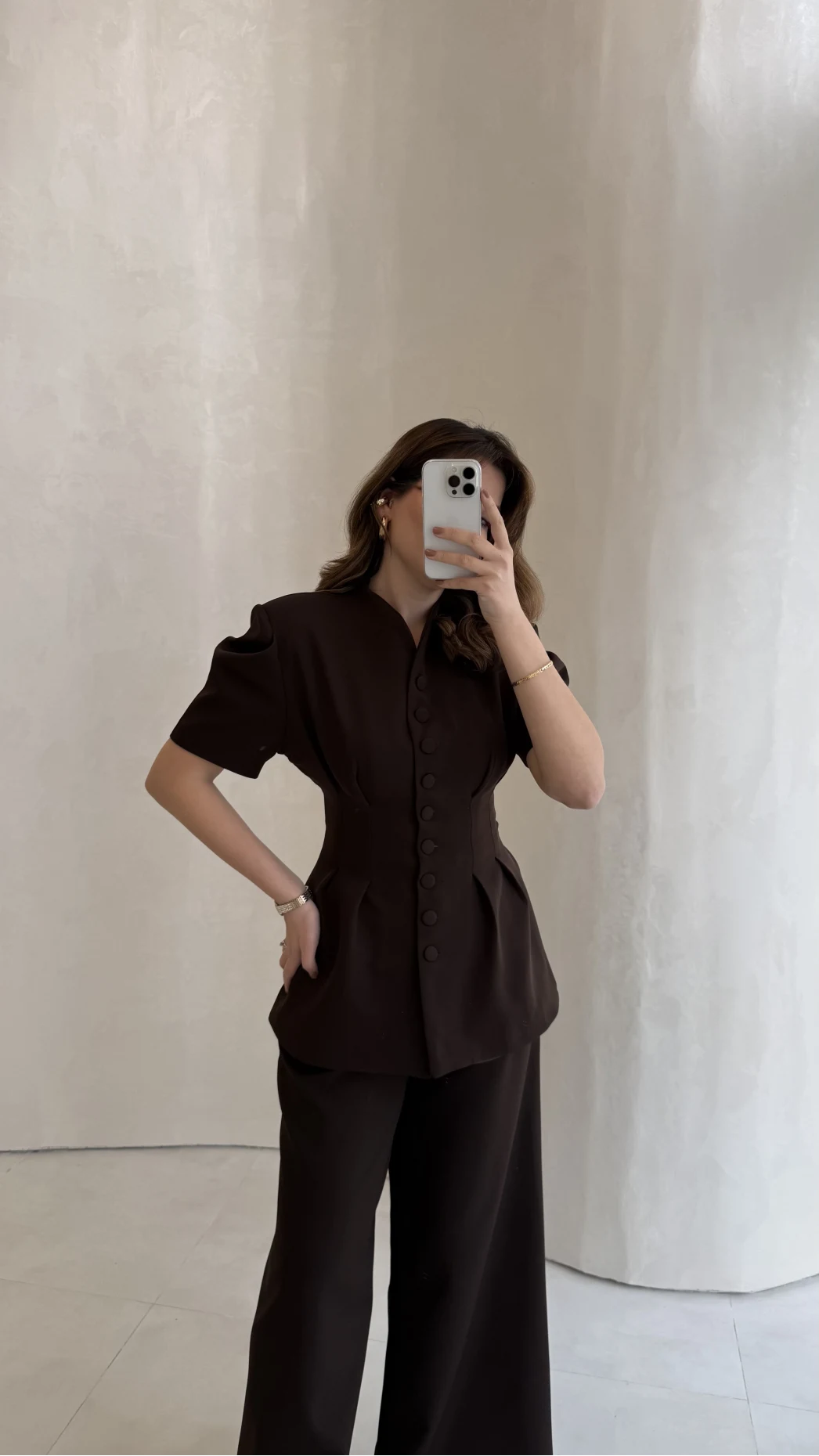 Noir Bel Detay Balon Kol Vatkalı Düğmeli Takım - Acı Kahve