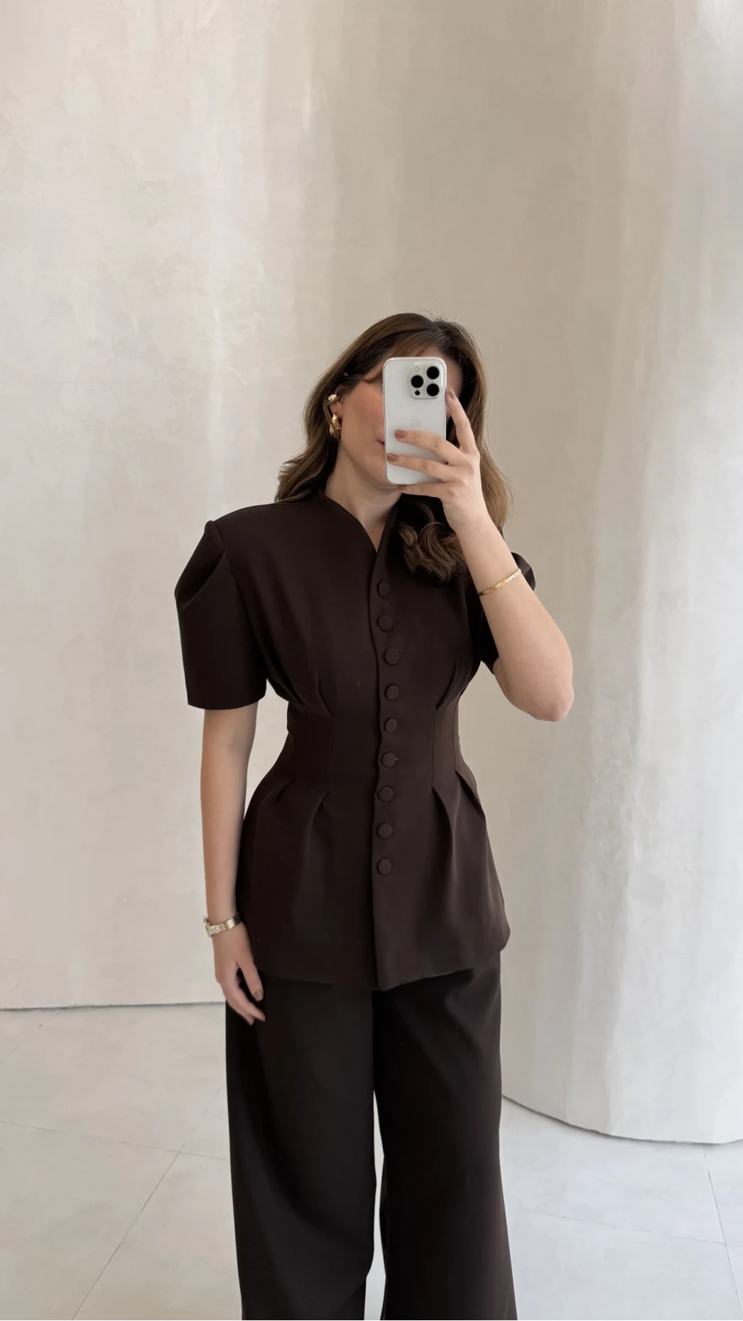 Noir Bel Detay Balon Kol Vatkalı Düğmeli Takım - Acı Kahve