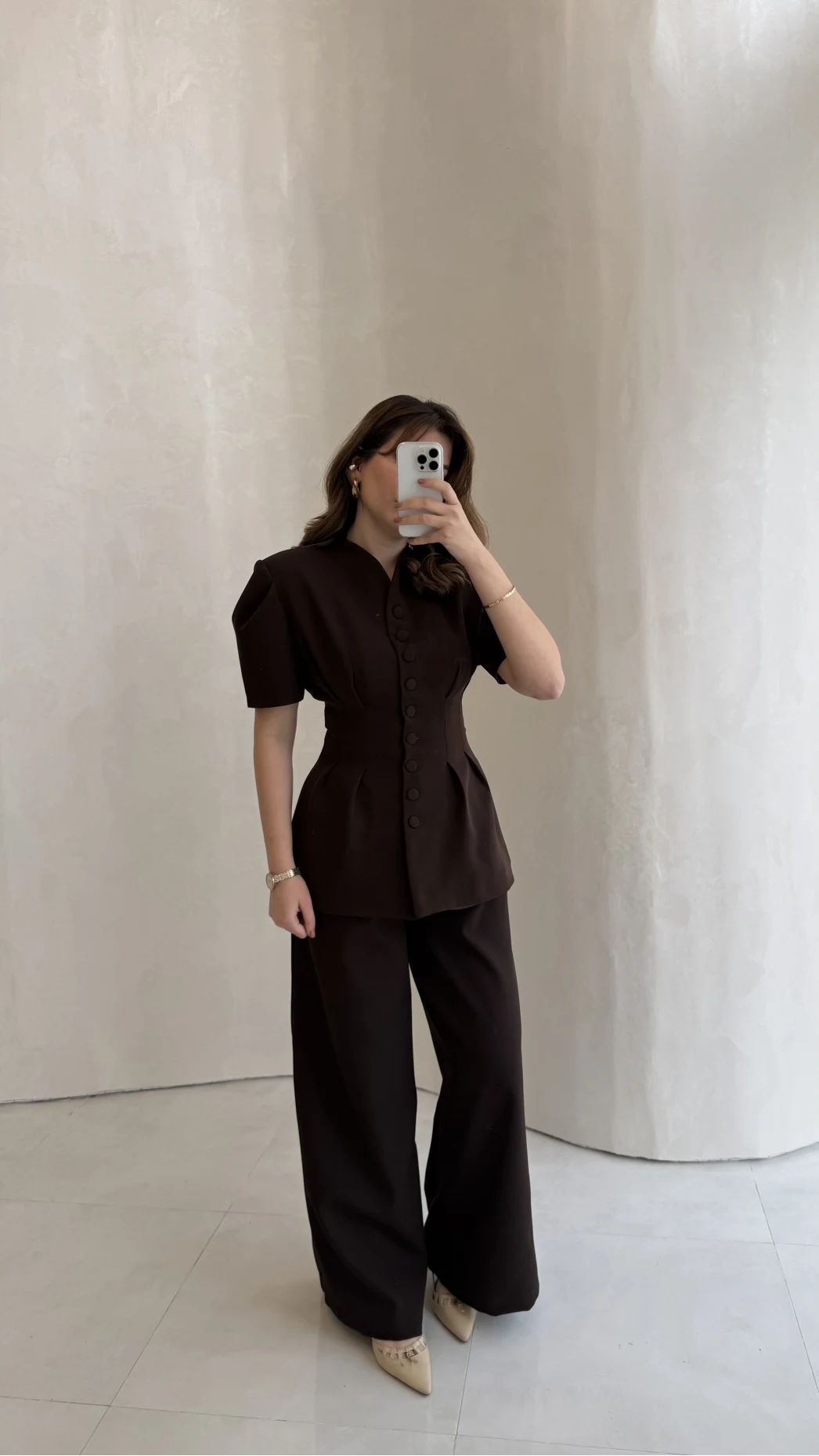 Noir Bel Detay Balon Kol Vatkalı Düğmeli Takım - Acı Kahve