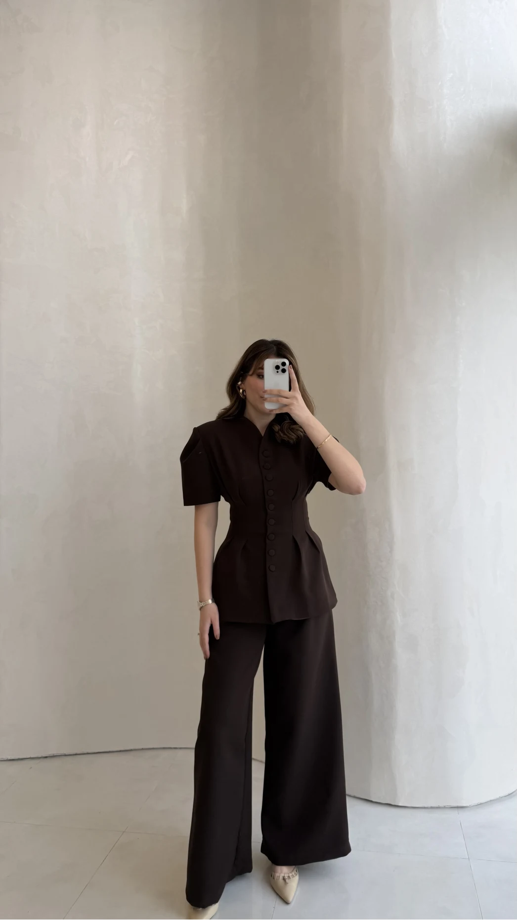 Noir Bel Detay Balon Kol Vatkalı Düğmeli Takım - Acı Kahve